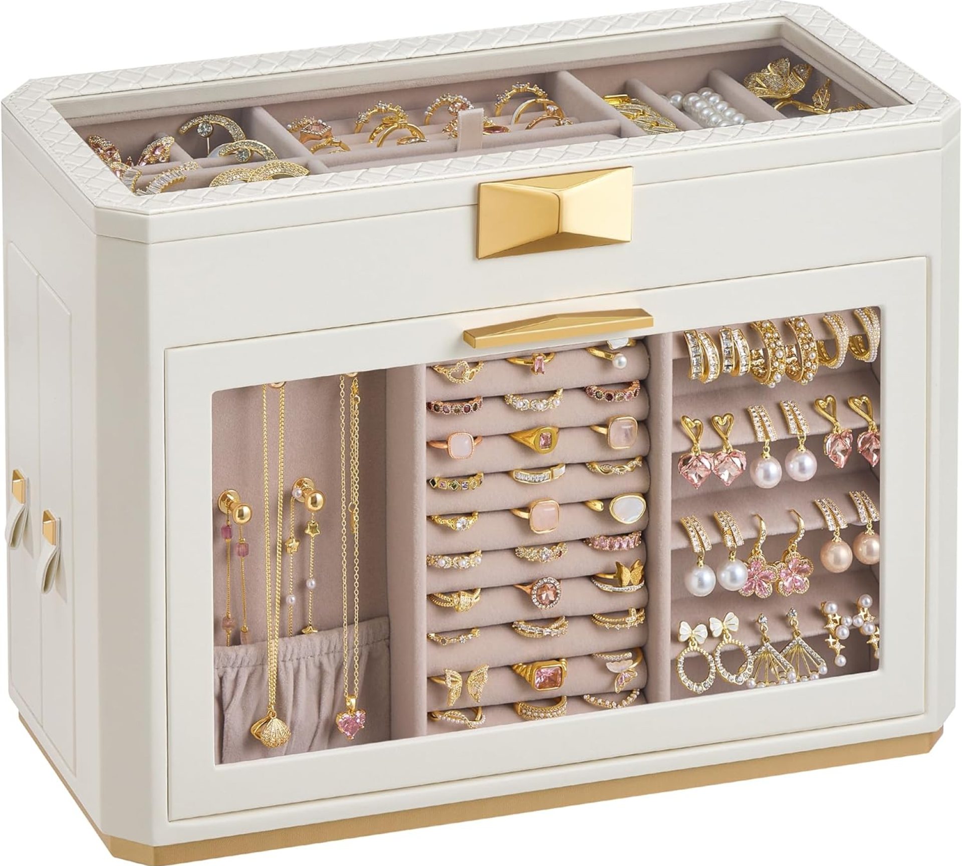 SONGMICS HOME Large Jewelry Box, Vertical Jewelry Organizer with Glass Windows, Jewelry Pouch, 4 Side Drawers, Woven Embossed PU Leather, Gift Idea, Cloud White UJBC203W01 SONGMICS HOME Large Jewelry Box, Vertical Jewelry Organizer with Glass Windows, Jewelry Pouch, 4 Side Drawers, Woven Embossed PU Leather, Gift Idea, Cloud White UJBC203W01