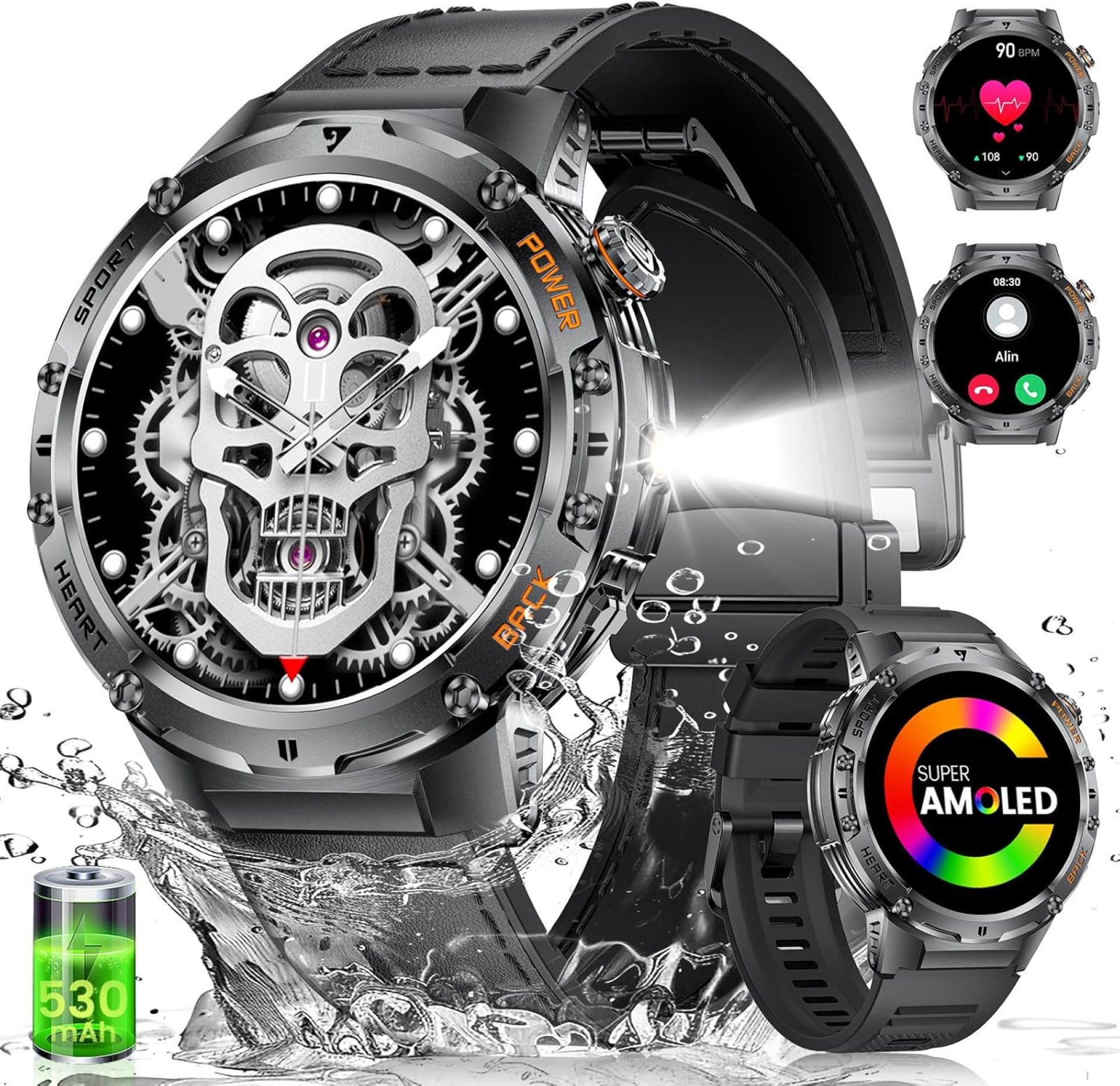 Military Smart Watches for Men with LED Flashlight(Answer/Make Calls),530mAh Large Battery,1.43’’ AMOLED,5ATM Waterproof Smartwatch for Android iOS,130+Sport Modes Heart Rate/Sleep Monitor Leather Military Smart Watches for Men with LED Flashlight(Answer/Make Calls),530mAh Large Battery,1.43’’ AMOLED,5ATM Waterproof Smartwatch for Android iOS,130+Sport Modes Heart Rate/Sleep Monitor Leather