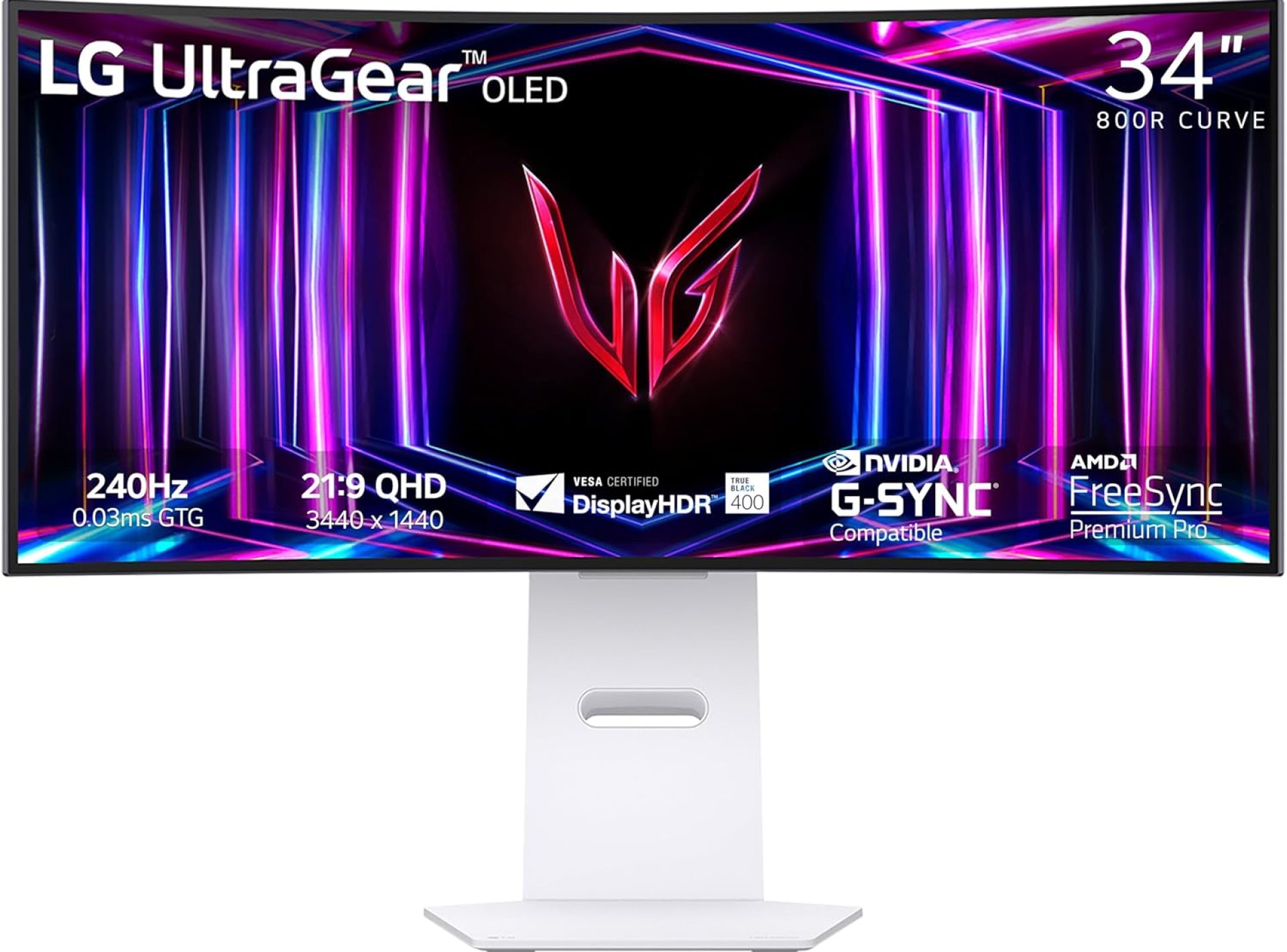 LG 34GS95QE 34-inch Ultragear OLED Curved Gaming Monitor WQHD 1440p 800R 240Hz 0.03ms AMD FreeSync Premium Pro NVIDIA G-Sync HDMI 2.1 DisplayPort Tilt/Height/Swivel Stand White LG 34GS95QE 34-inch Ultragear OLED Curved Gaming Monitor WQHD 1440p 800R 240Hz 0.03ms AMD FreeSync Premium Pro NVIDIA G-Sync HDMI 2.1 DisplayPort Tilt/Height/Swivel Stand White