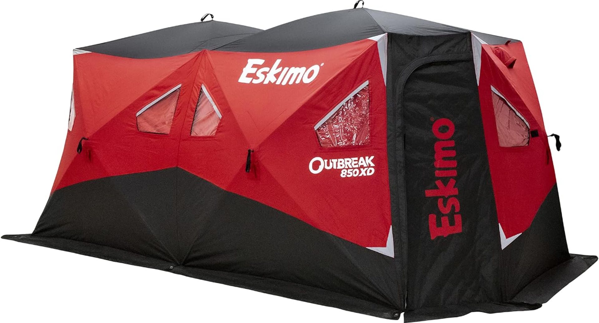 Eskimo Outbreak Portable Pop-Up Ice Fishing Shelter, Stormshield Insulated Fabric, No Trip Door, Durable Hub Design, Deluxe Tie Downs, Red/Black Eskimo Outbreak Portable Pop-Up Ice Fishing Shelter, Stormshield Insulated Fabric, No Trip Door, Durable Hub Design, Deluxe Tie Downs, Red/Black