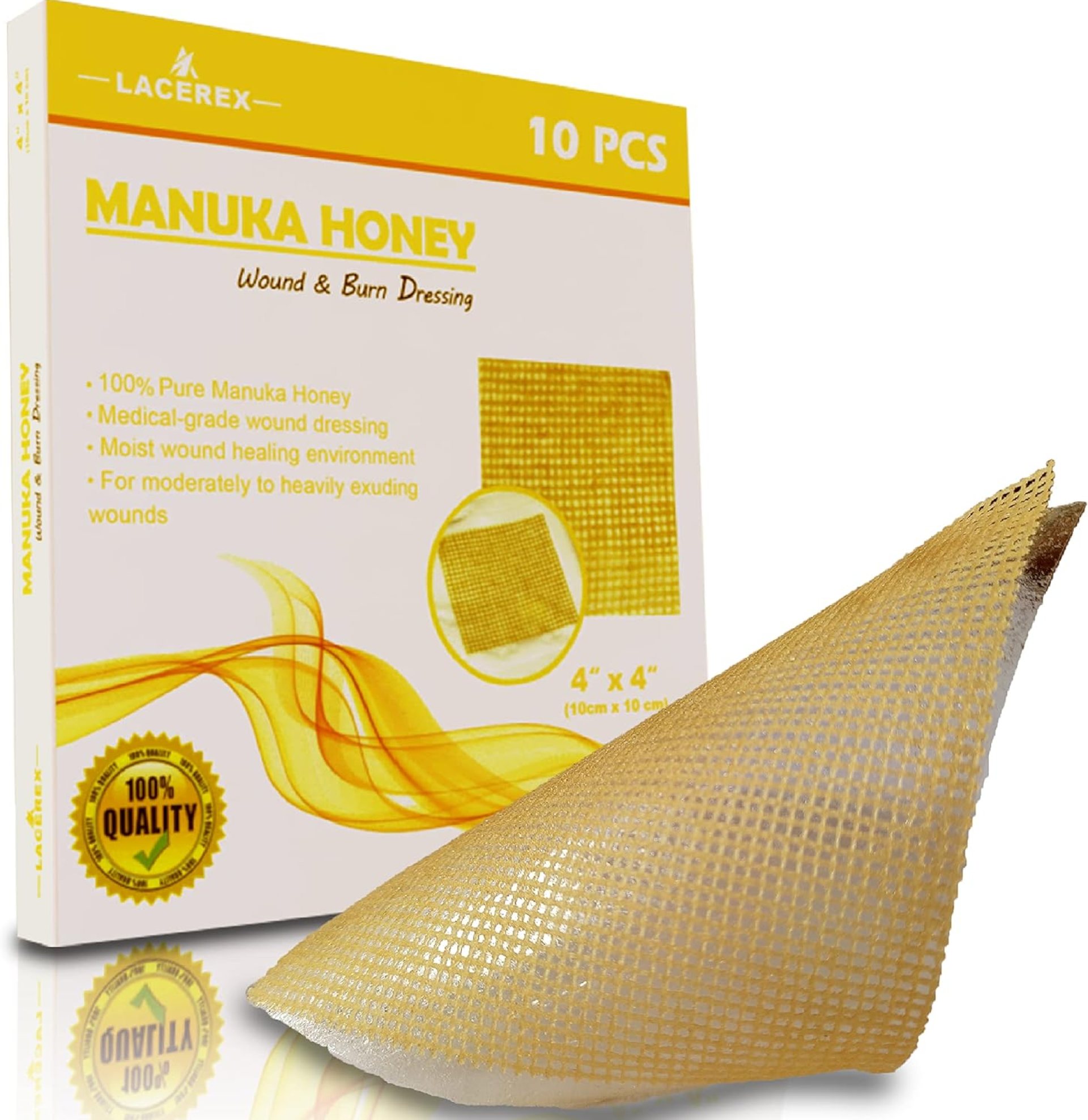 AWD Manuka Honey Gauze Dressing – 100% Impregnated Medical Grade Honey Patches – Medical Supplies, Wound Care, and First Aid – Gauze Pads 10 Count (4″x4″) AWD Manuka Honey Gauze Dressing – 100% Impregnated Medical Grade Honey Patches – Medical Supplies, Wound Care, and First Aid – Gauze Pads 10 Count (4″x4″)
