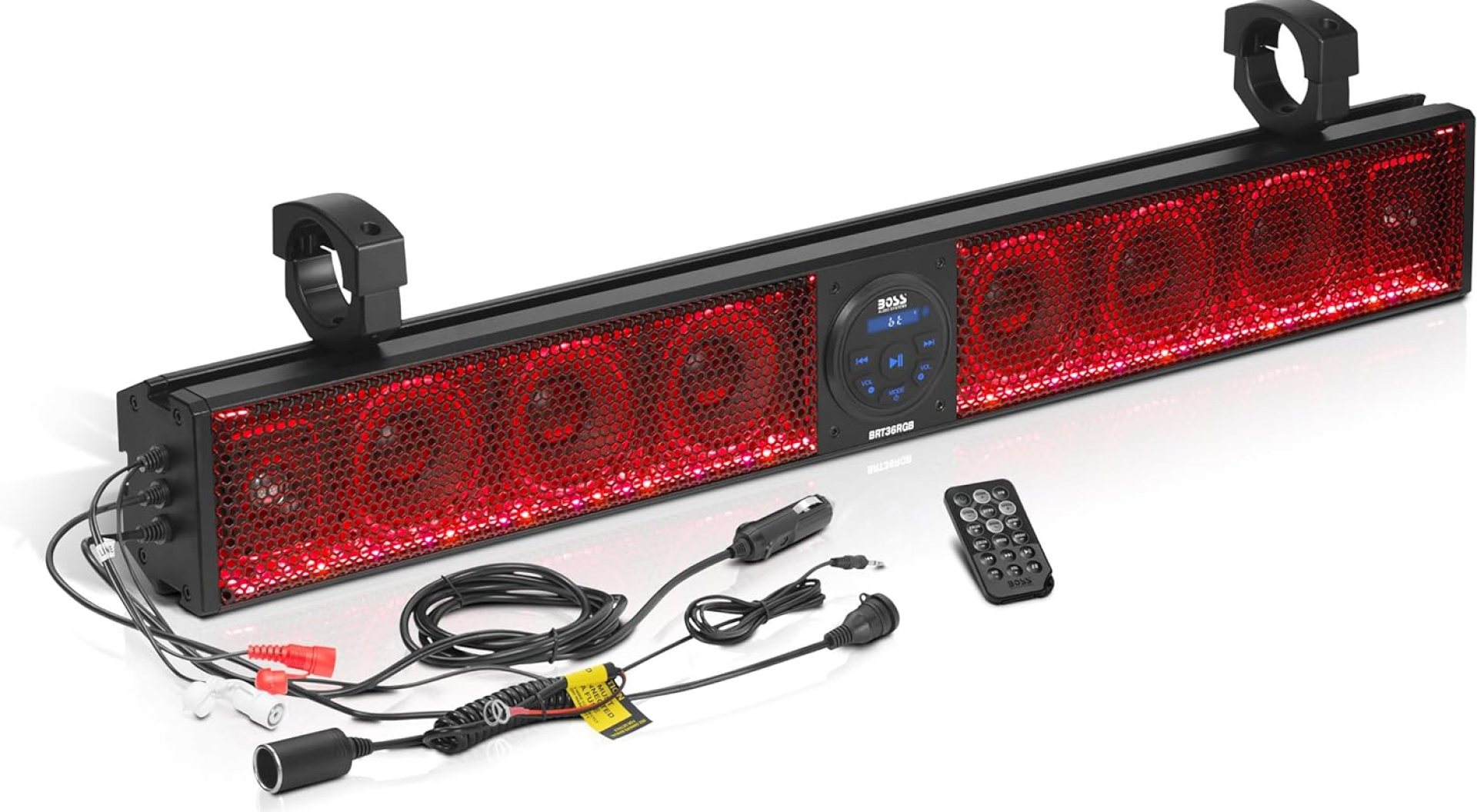 BOSS Audio Systems BRT36RGB ATV UTV Sound Bar – 36 Inches Wide, 4 inch Speakers, Full Range, 1 Inch Tweeters, IPX5 Weatherproof, Bluetooth, Built-in Amplifier, USB Port, Multicolor Illumination BOSS Audio Systems BRT36RGB ATV UTV Sound Bar – 36 Inches Wide, 4 inch Speakers, Full Range, 1 Inch Tweeters, IPX5 Weatherproof, Bluetooth, Built-in Amplifier, USB Port, Multicolor Illumination