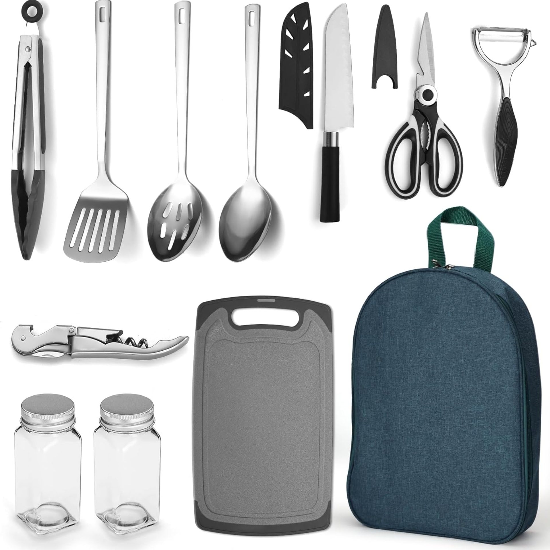 Evanda Camping Kitchen Cooking Utensil Set 10 Piece, Stainless Steel Outdoor Cooking and Grilling Utensil Organizer Travel Set Perfect for Travel, Camping, RVs, BBQs, Picnics, Parties and More Evanda Camping Kitchen Cooking Utensil Set 10 Piece, Stainless Steel Outdoor Cooking and Grilling Utensil Organizer Travel Set Perfect for Travel, Camping, RVs, BBQs, Picnics, Parties and More