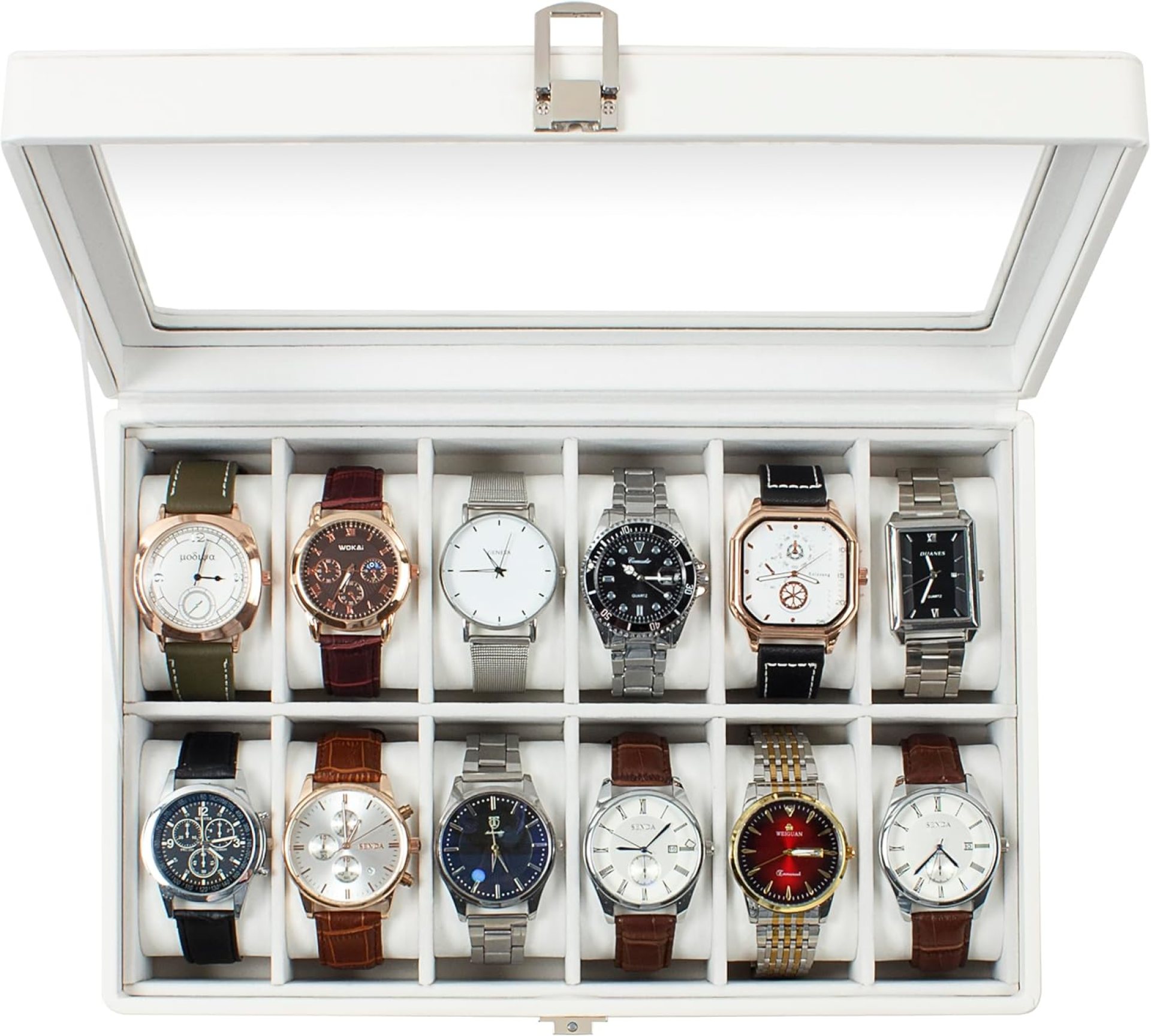 GUKA Watch Box, 12 Slot Watch Case with Large Real Glass Lid, Watch Organizer with Removable Watch Pillow, White Synthetic Leather Watch Display, White GUKA Watch Box, 12 Slot Watch Case with Large Real Glass Lid, Watch Organizer with Removable Watch Pillow, White Synthetic Leather Watch Display, White