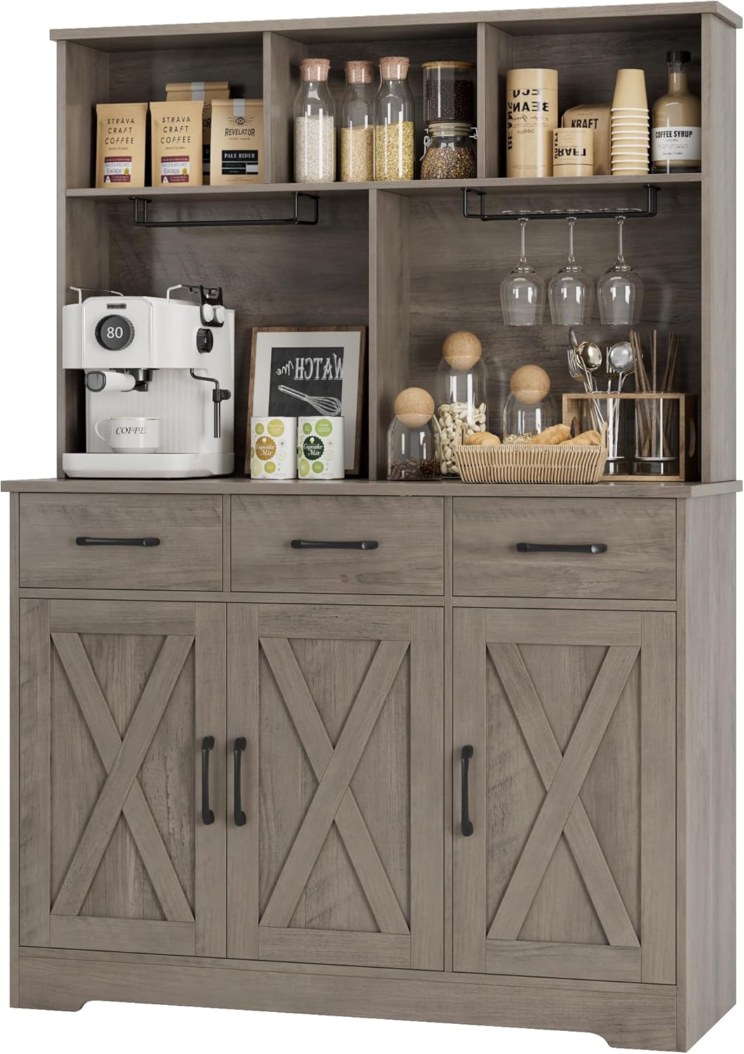 HOSTACK Buffet Cabinet with Hutch, Modern Farmhouse Kitchen Buffet Sideboard Storage with 3 Drawers, Barn Door Coffee Bar Station, Liquor Cabinet for Dining Room, Living Room, Ash Grey HOSTACK Buffet Cabinet with Hutch, Modern Farmhouse Kitchen Buffet Sideboard Storage with 3 Drawers, Barn Door Coffee Bar Station, Liquor Cabinet for Dining Room, Living Room, Ash Grey
