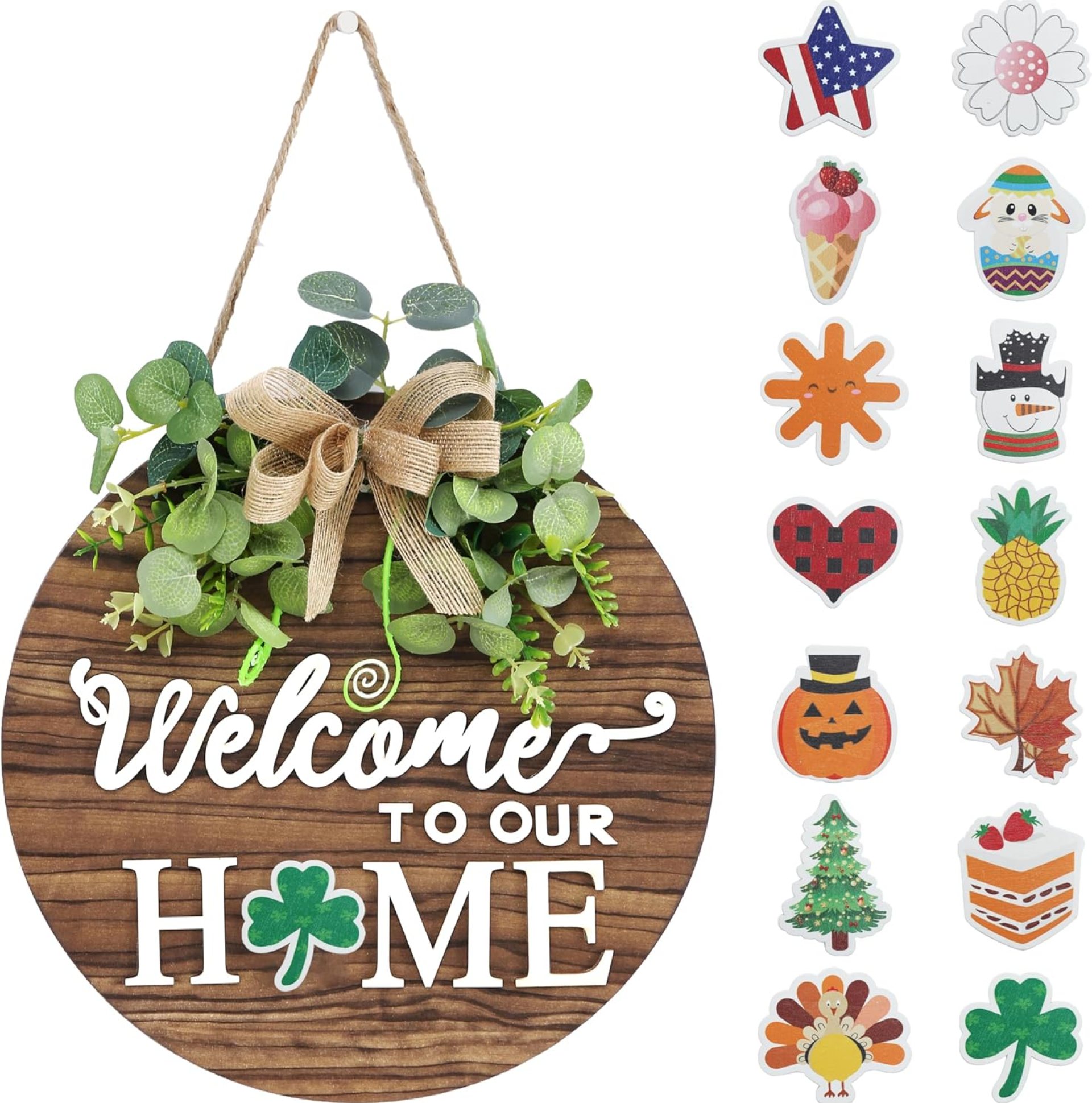 Interchangeable Seasonal Welcome Sign Front Door Decoration, Rustic Round Wood Wreaths Wall Hanging Outdoor, Farmhouse, Porch, for Spring Summer Fall All Seasons Holiday Halloween Christmas. Interchangeable Seasonal Welcome Sign Front Door Decoration, Rustic Round Wood Wreaths Wall Hanging Outdoor, Farmhouse, Porch, for Spring Summer Fall All Seasons Holiday Halloween Christmas.
