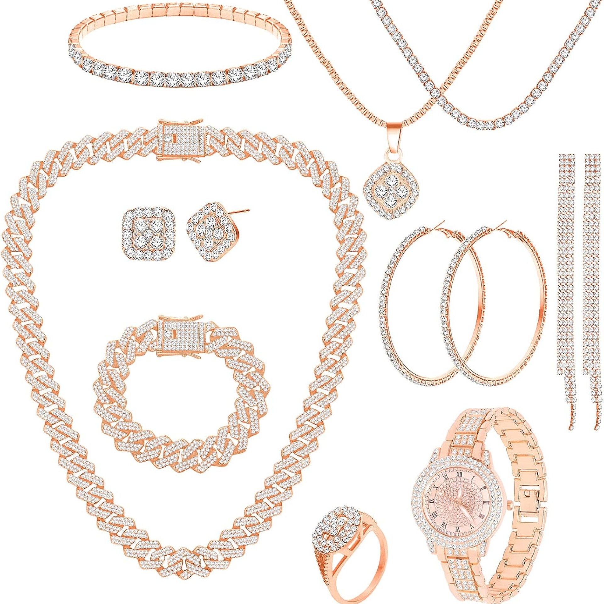 NEWITIN 13 Pieces Silver Jewelry Set for Women Stainless Steel Cuban Link Necklaces Bracelets Earrings Watch Ring Bling Cubic Zirconia Cuban Jewelry Set for Women Men NEWITIN 13 Pieces Silver Jewelry Set for Women Stainless Steel Cuban Link Necklaces Bracelets Earrings Watch Ring Bling Cubic Zirconia Cuban Jewelry Set for Women Men