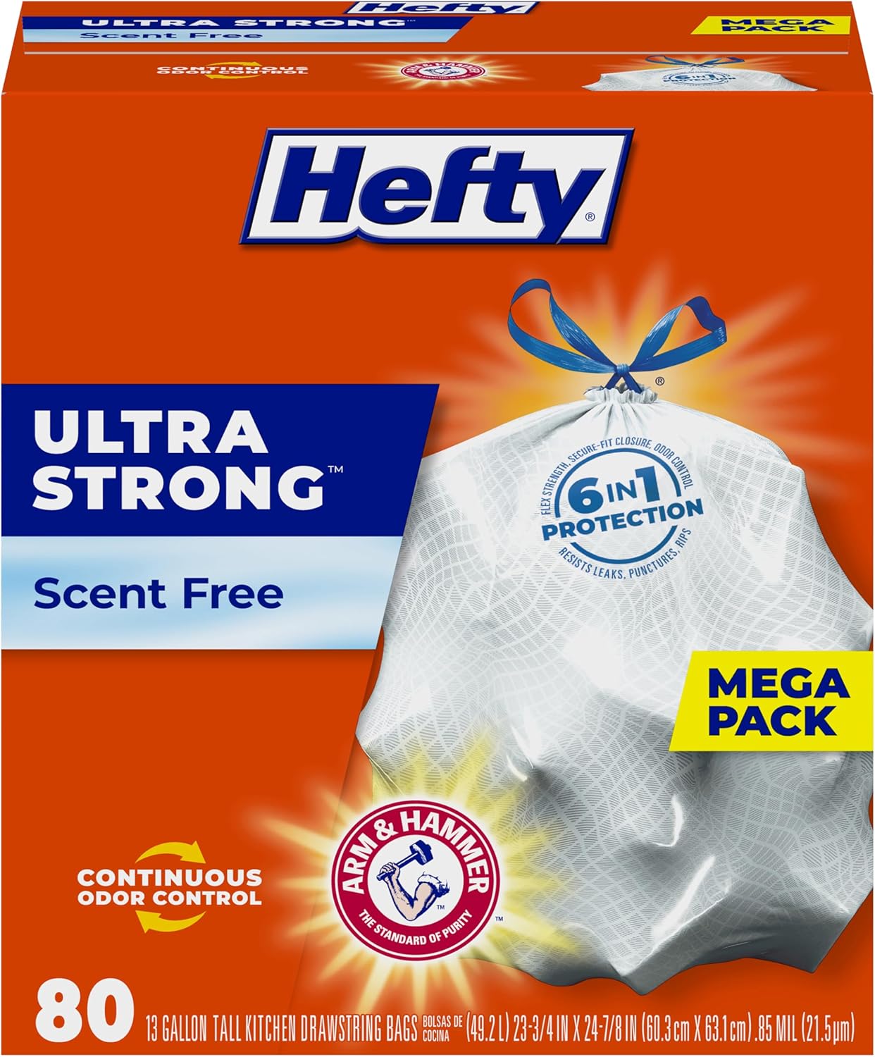 Hefty Ultra Strong 13 Gallon Trash Bags, Tall Kitchen Trash Bags 13 Gallon Size, Drawstring Closure, Continuous Odor Control, White, Unscented, 80 Bags Hefty Ultra Strong 13 Gallon Trash Bags, Tall Kitchen Trash Bags 13 Gallon Size, Drawstring Closure, Continuous Odor Control, White, Unscented, 80 Bags