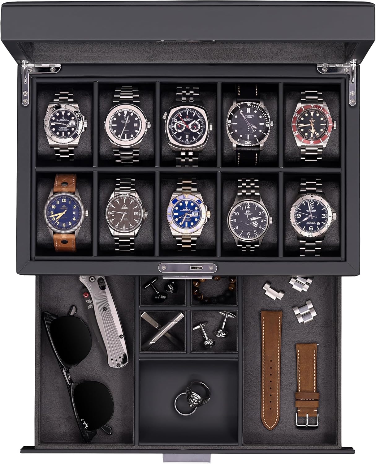 ROTHWELL 10-Slot Watch Box in Leather with Valet Drawer, Luxury Watch Case Display Organizer with Ultra Soft Microsuede Liner, Jewelry and Sunglass Holder With Large Glass top (Carbon) ROTHWELL 10-Slot Watch Box in Leather with Valet Drawer, Luxury Watch Case Display Organizer with Ultra Soft Microsuede Liner, Jewelry and Sunglass Holder With Large Glass top (Carbon)