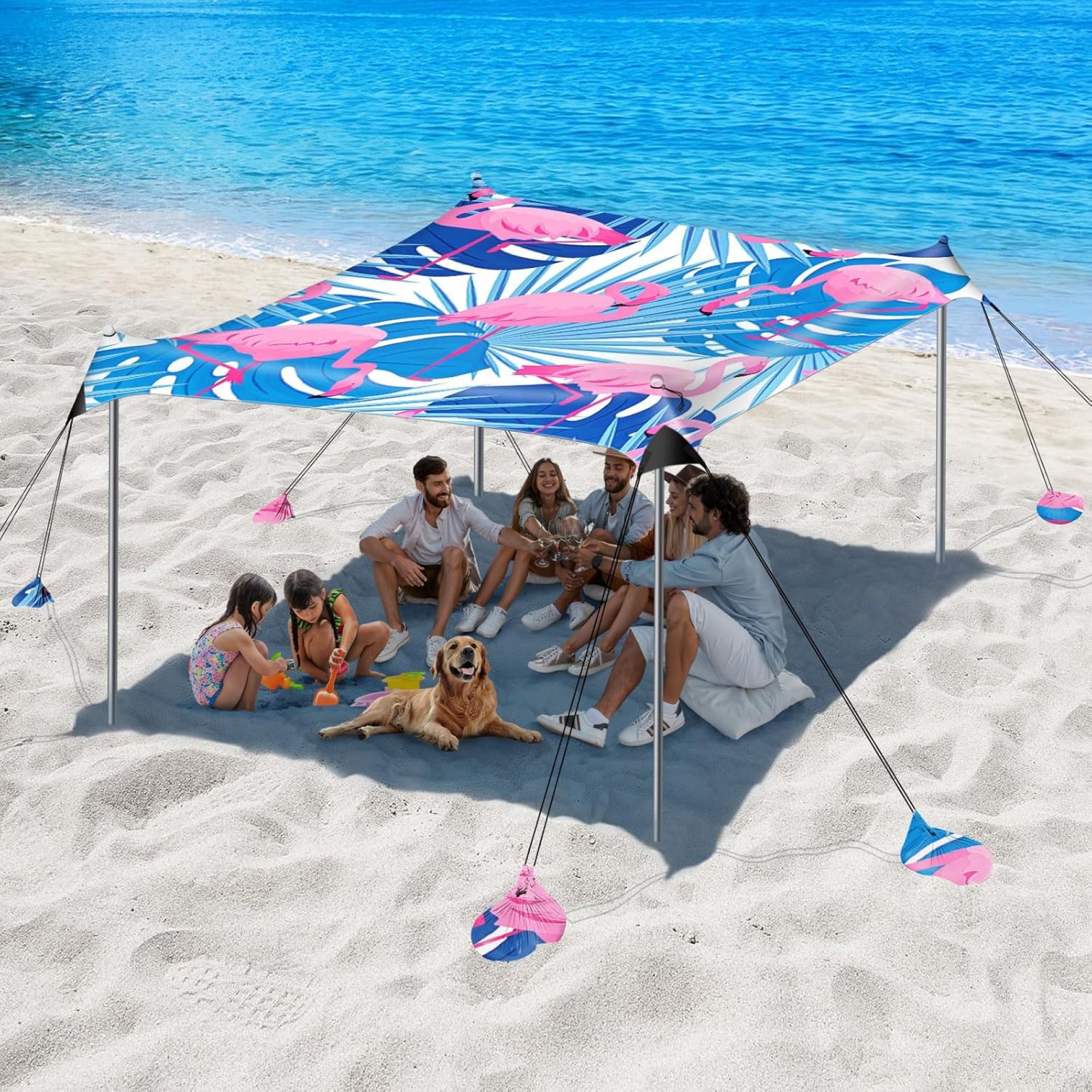 Beach Tent Sun Shelter, 10 x 10 FT Beach Canopy Tent Sun Shade, UPF50+ Beach Tent Canopy with 8 Sandbags & 4 Stability Poles, Outdoor Beach Tent for Beach Camping Fishing, Flamingo Beach Tent Sun Shelter, 10 x 10 FT Beach Canopy Tent Sun Shade, UPF50+ Beach Tent Canopy with 8 Sandbags & 4 Stability Poles, Outdoor Beach Tent for Beach Camping Fishing, Flamingo