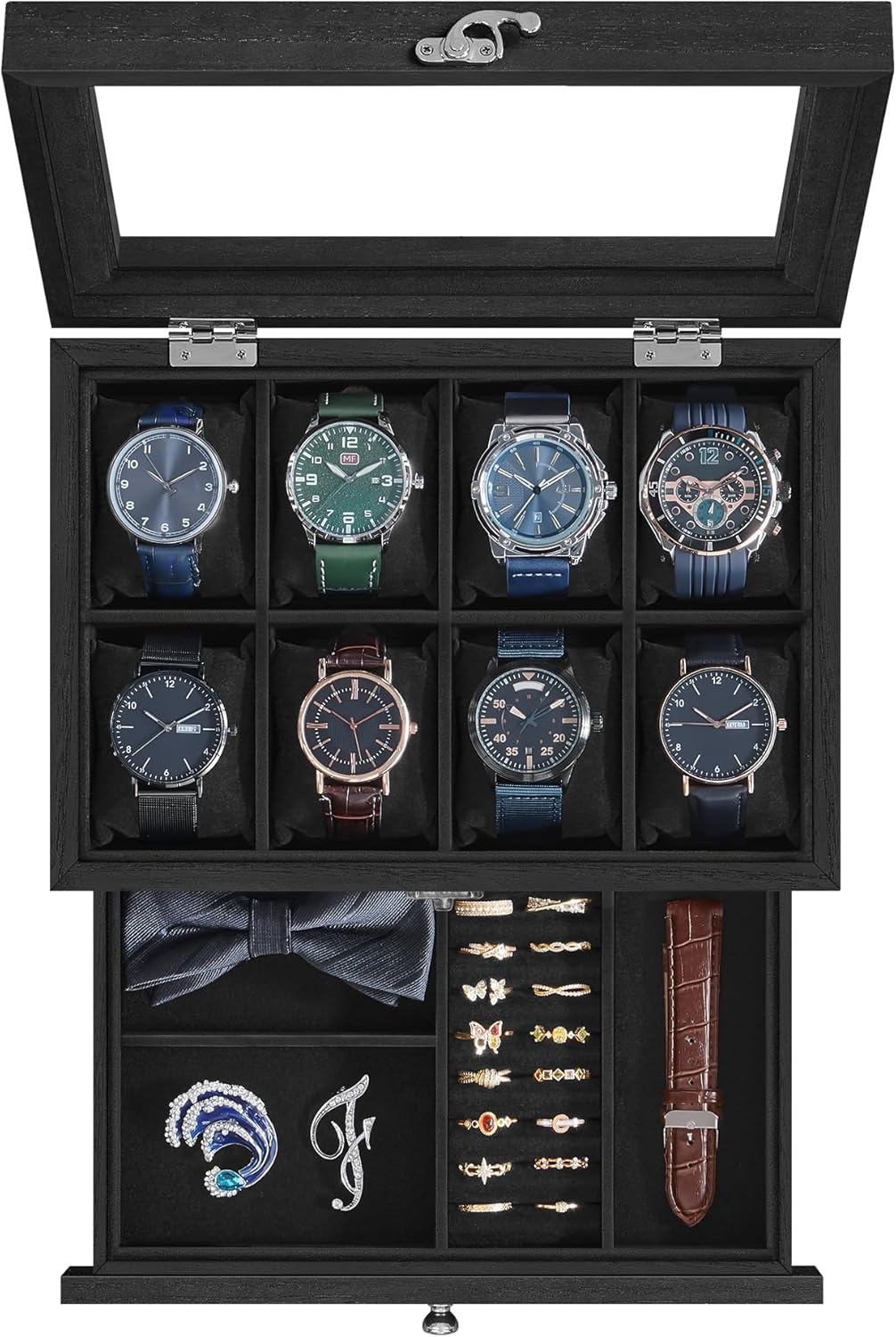 SONGMICS 8-Slot Watch Box, 2-Tier Display Case With Large Glass Lid, Removable Pillows, Velvet Lining, Jewelry Box, Gift Idea, Ink Black UJOW008B02 SONGMICS 8-Slot Watch Box, 2-Tier Display Case With Large Glass Lid, Removable Pillows, Velvet Lining, Jewelry Box, Gift Idea, Ink Black UJOW008B02
