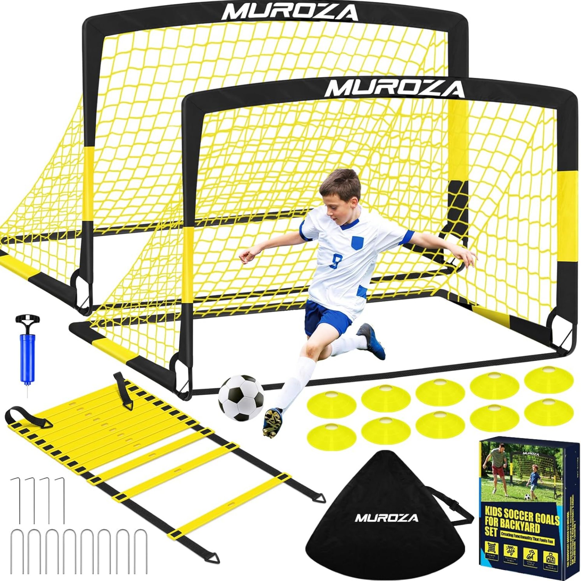 Kids Soccer Goals for Backyard Set, 2 Pack of Portable Pop Up Soccer Nets with Soccer Ball, Agility Ladder, Cones, Complete Training Equipment for Youth, Toddler Outdoor Sports Games Kids Soccer Goals for Backyard Set, 2 Pack of Portable Pop Up Soccer Nets with Soccer Ball, Agility Ladder, Cones, Complete Training Equipment for Youth, Toddler Outdoor Sports Games