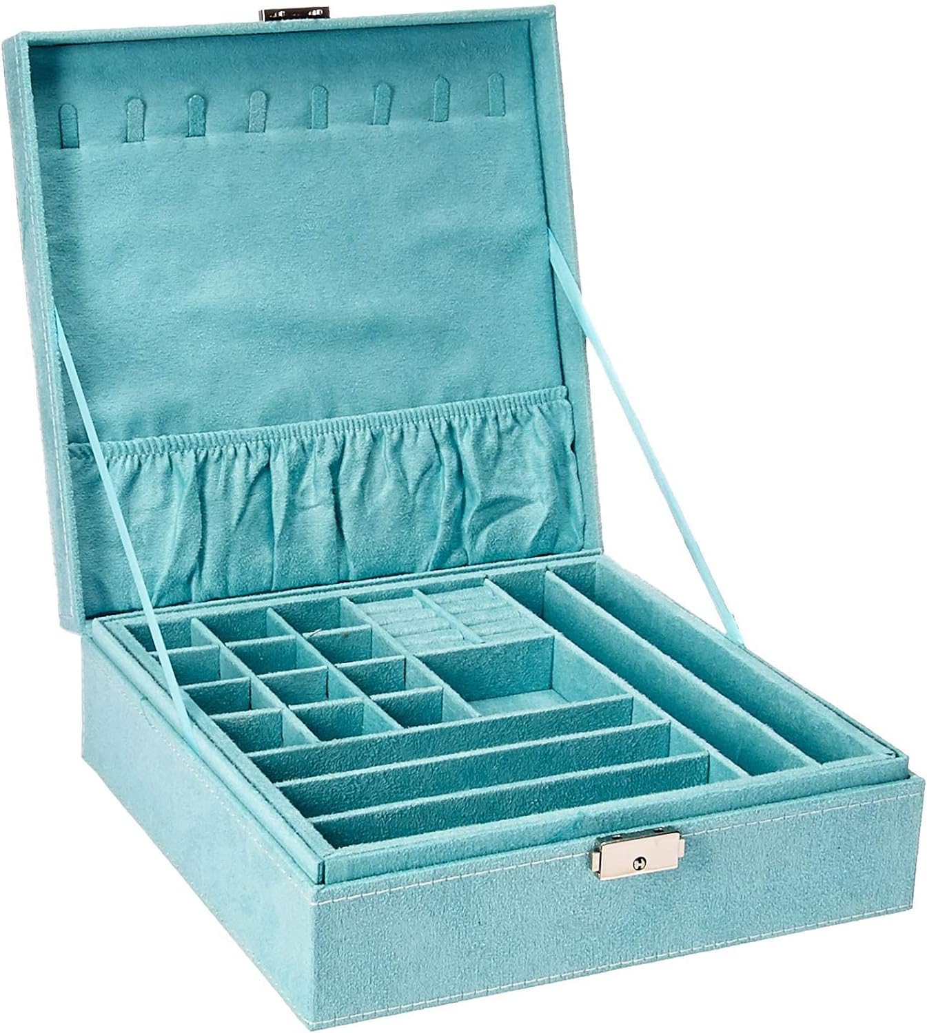 Two-Layer Jewelry Box Organizer Display Storage case with Lock (Blue) Two-Layer Jewelry Box Organizer Display Storage case with Lock (Blue)