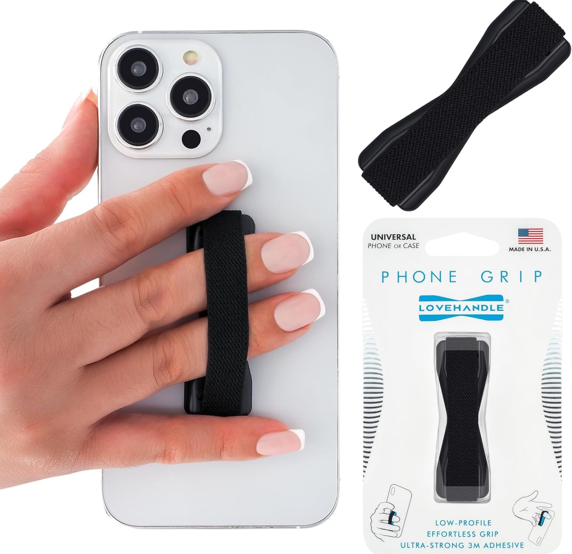 LOVEHANDLE Universal Phone Grip for Smartphones & Mini Tablets – Phone Holder for Hand – Wireless Charging Compatible – Made in The USA – Solid Black LOVEHANDLE Universal Phone Grip for Smartphones & Mini Tablets – Phone Holder for Hand – Wireless Charging Compatible – Made in The USA – Solid Black