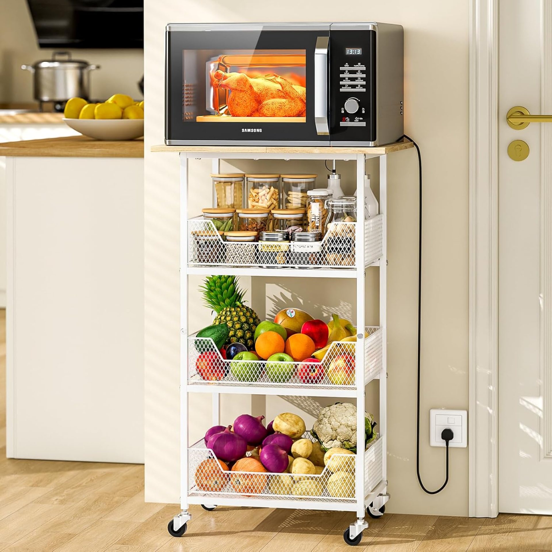 Kitchen Microwave Cart with Fruit Baskets, 4 Tier Microwave Table Stand with Storage, Kitchen Storge Shelf on Wheels Small Rolling Cart Organizer Rack for Pantry, Living Room, Bathroom Kitchen Microwave Cart with Fruit Baskets, 4 Tier Microwave Table Stand with Storage, Kitchen Storge Shelf on Wheels Small Rolling Cart Organizer Rack for Pantry, Living Room, Bathroom