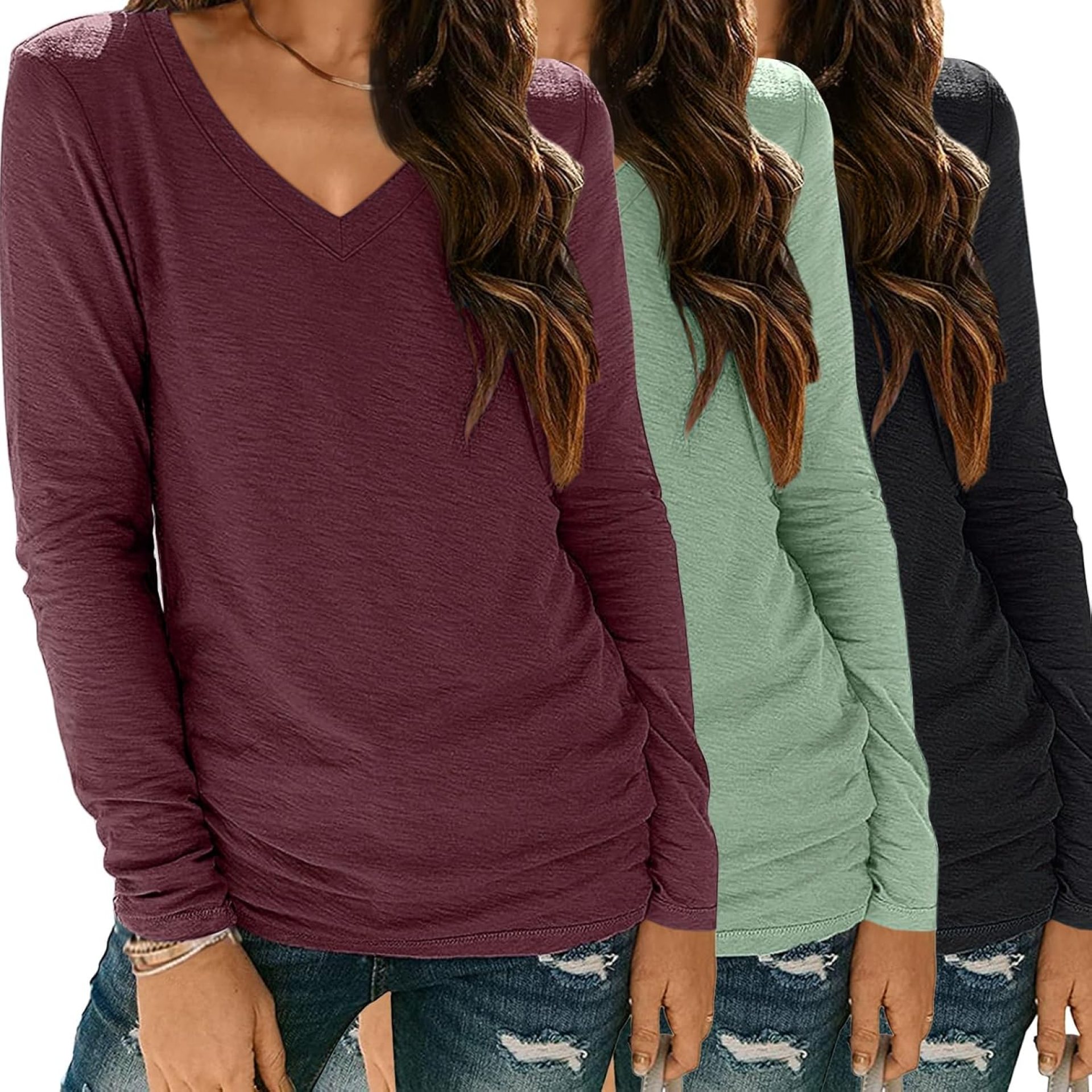 SUNBS 3 Pack Womens Long Sleeve Shirts V Neck Tops Loose Fit Causal Fall Fashion Outfits Trendy Clothes Winter 2025 SUNBS 3 Pack Womens Long Sleeve Shirts V Neck Tops Loose Fit Causal Fall Fashion Outfits Trendy Clothes Winter 2025