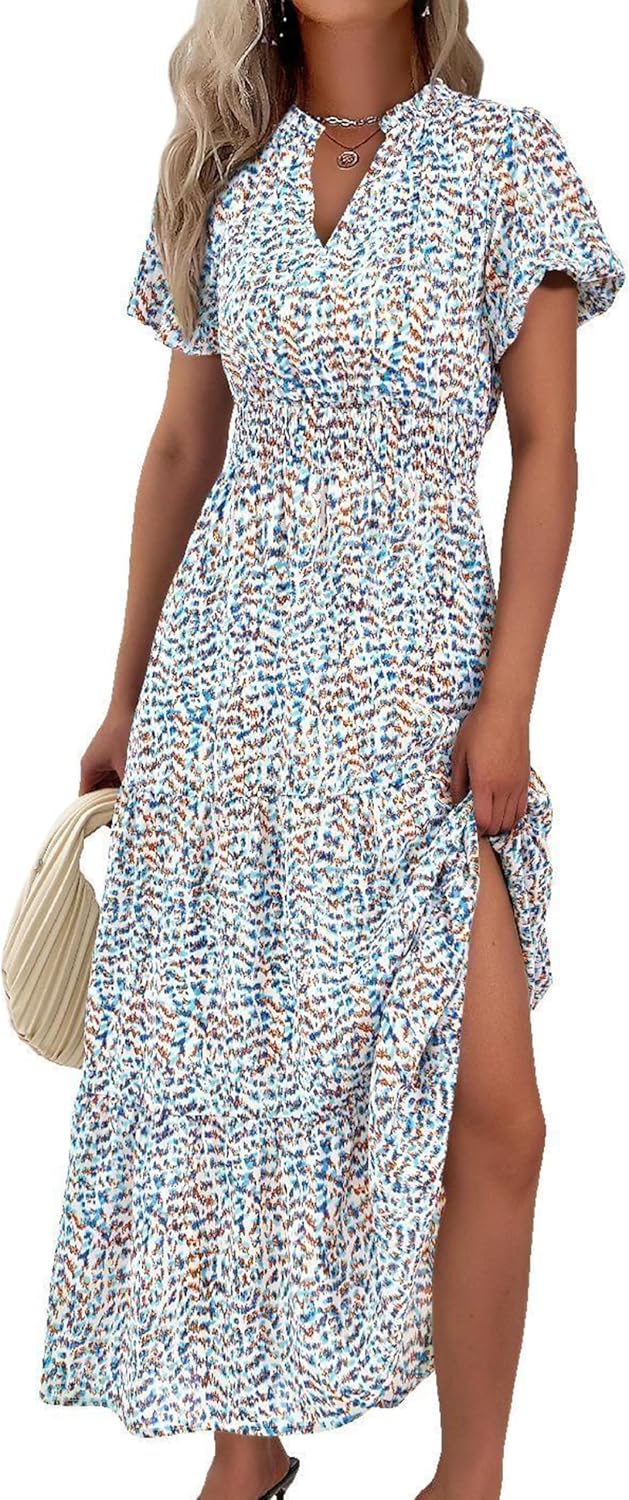 MASCOMODA Summer Maxi Dresses for Women 2025 Casual V Neck Puff Short Sleeve Smocked Flowy Beach Boho Long Floral Dress MASCOMODA Summer Maxi Dresses for Women 2025 Casual V Neck Puff Short Sleeve Smocked Flowy Beach Boho Long Floral Dress