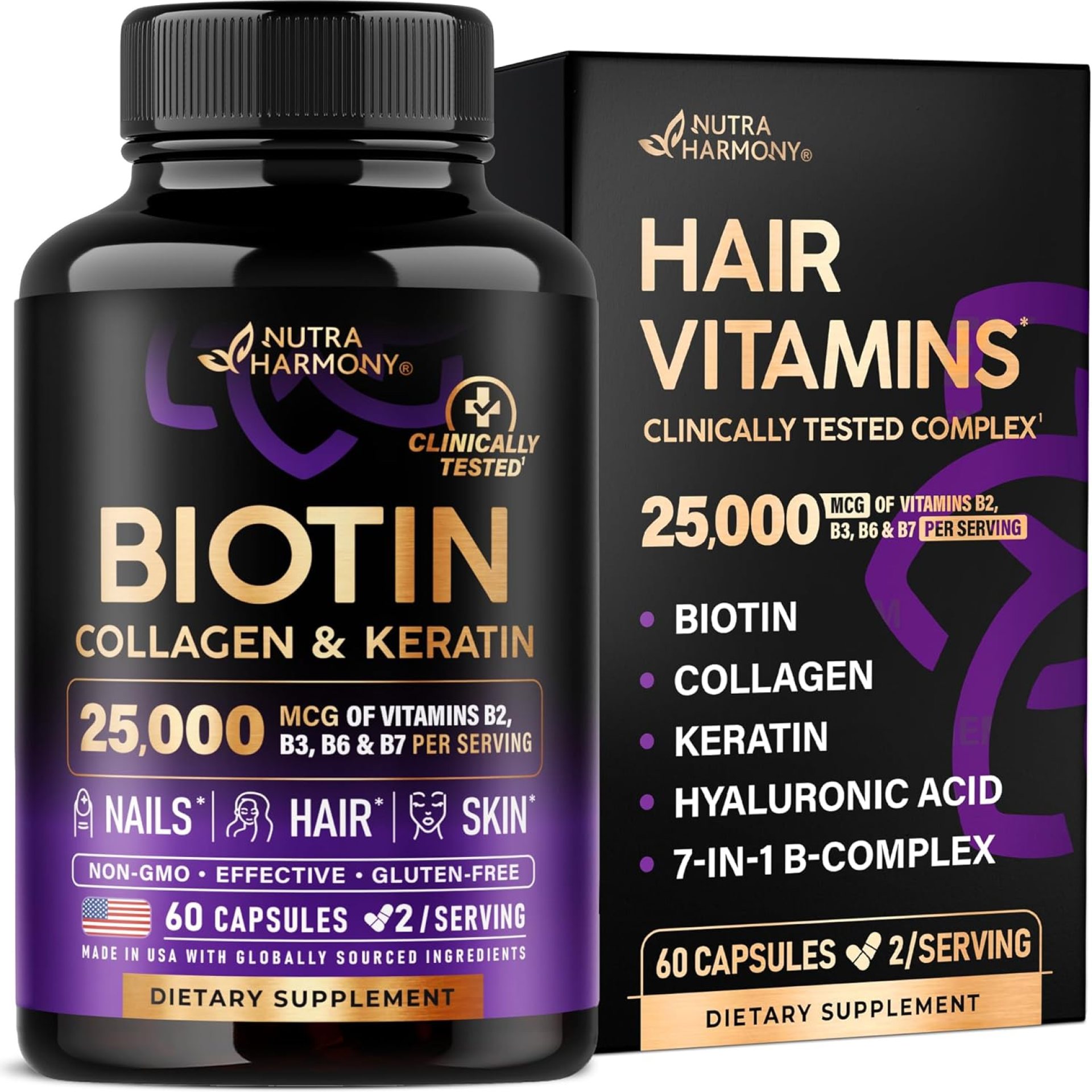 Biotin | Collagen | Keratin – Clinically Tested Supplement – Hair Growth Support, Skin & Nails – 25000 mcg Vitamins B2, B3, B6 & B7 + B1 & Hyaluronic Acid – Made in USA – Women & Men | 60 Capsules Biotin | Collagen | Keratin – Clinically Tested Supplement – Hair Growth Support, Skin & Nails – 25000 mcg Vitamins B2, B3, B6 & B7 + B1 & Hyaluronic Acid – Made in USA – Women & Men | 60 Capsules