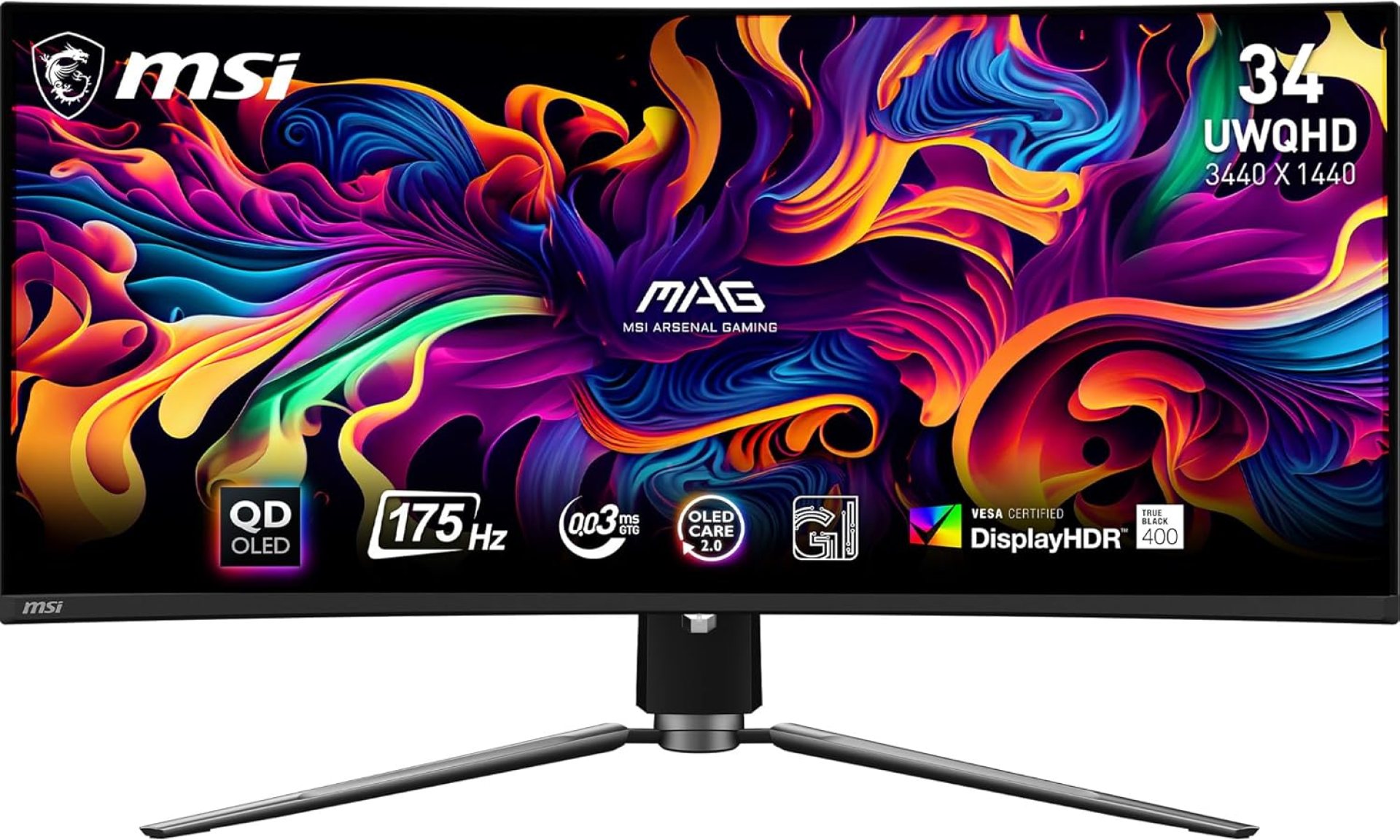 MSI MAG341CQP QD-OLED, 34 Curved OLED Gaming Monitor, 3440 x 1440 (UWQHD), OLED 0.03ms Response time, 175Hz, True Black HDR 400, HDMI, DP Port, USB Type C, Tilt, Height,Black MSI MAG341CQP QD-OLED, 34 Curved OLED Gaming Monitor, 3440 x 1440 (UWQHD), OLED 0.03ms Response time, 175Hz, True Black HDR 400, HDMI, DP Port, USB Type C, Tilt, Height,Black