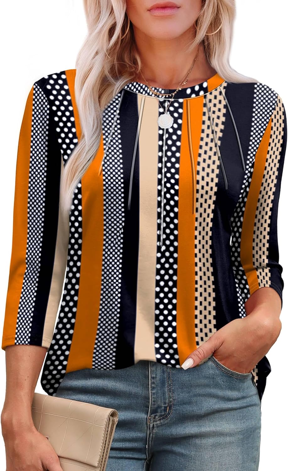 XIEERDUO 3/4 Length Sleeve Womens Tops Round Neck Casual Tunic Tops Basic Pleated Shirts Loose Fit 2025 XIEERDUO 3/4 Length Sleeve Womens Tops Round Neck Casual Tunic Tops Basic Pleated Shirts Loose Fit 2025