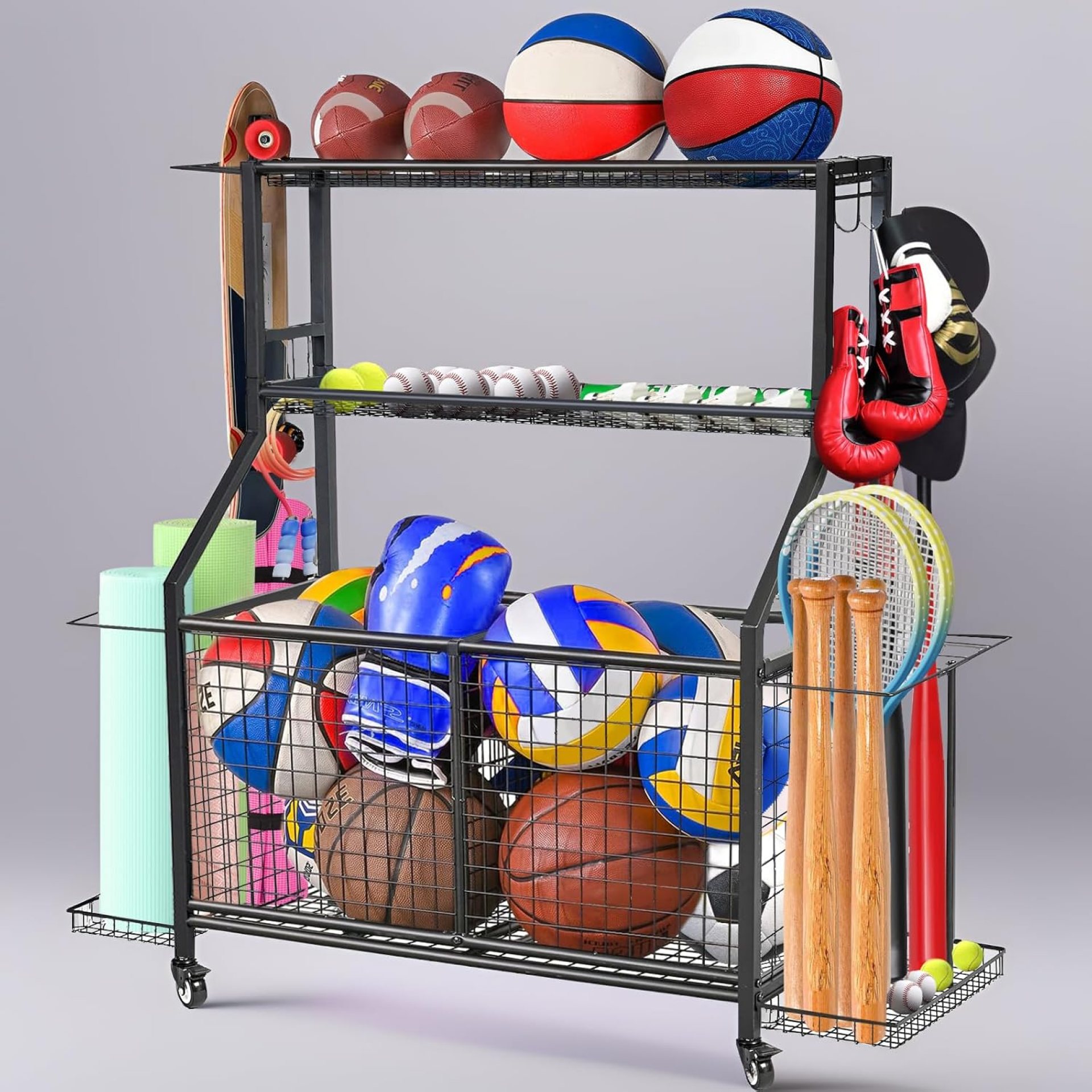 Sports Equipment Organizer for Garage, Ball Storage Rack, Heavy Duty Steel Toy Organizers with Two Wire Mesh Bins, 360°Wheels for Volleyball, basketball, Football, Gear Ball and Gym, Outdoor, Indoor Sports Equipment Organizer for Garage, Ball Storage Rack, Heavy Duty Steel Toy Organizers with Two Wire Mesh Bins, 360°Wheels for Volleyball, basketball, Football, Gear Ball and Gym, Outdoor, Indoor