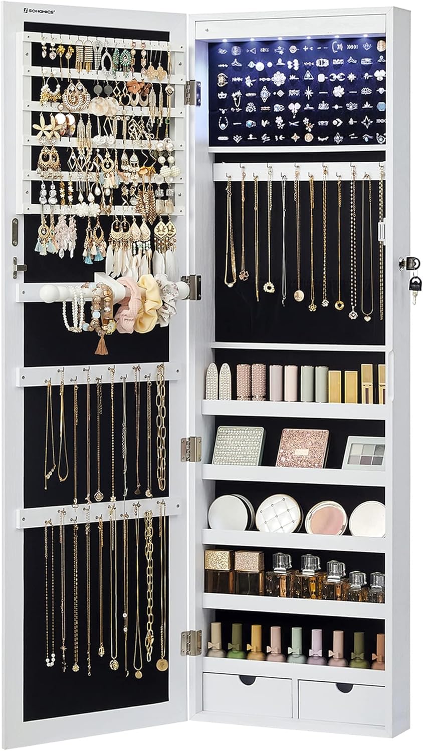 SONGMICS 6 LEDs Mirror Jewelry Cabinet, 47.2-Inch Tall Lockable Wall or Door Mounted Jewelry Armoire Organizer with Mirror, 2 Drawers, 3.9 x 14.6 x 47.2 Inches, White UJJC93W SONGMICS 6 LEDs Mirror Jewelry Cabinet, 47.2-Inch Tall Lockable Wall or Door Mounted Jewelry Armoire Organizer with Mirror, 2 Drawers, 3.9 x 14.6 x 47.2 Inches, White UJJC93W