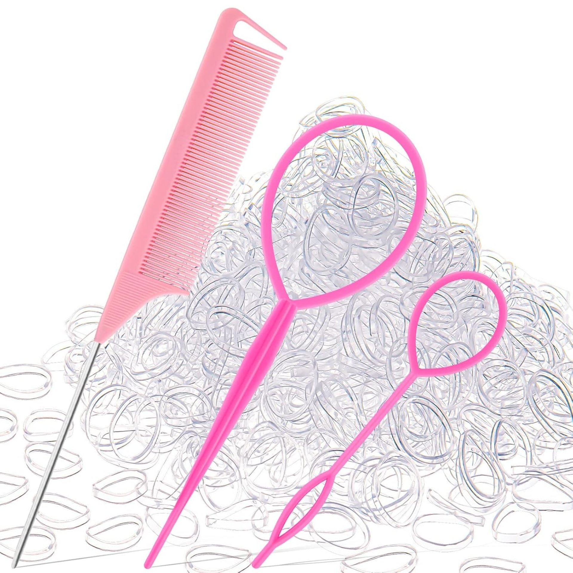 1000Pcs Hair Rubber Bands, Soft Small Hair Elastics for Girls and Women, 2pcs Topsy Tail Tools, 1 Rat Tail Comb, Pink Schembo 1000Pcs Hair Rubber Bands, Soft Small Hair Elastics for Girls and Women, 2pcs Topsy Tail Tools, 1 Rat Tail Comb, Pink Schembo