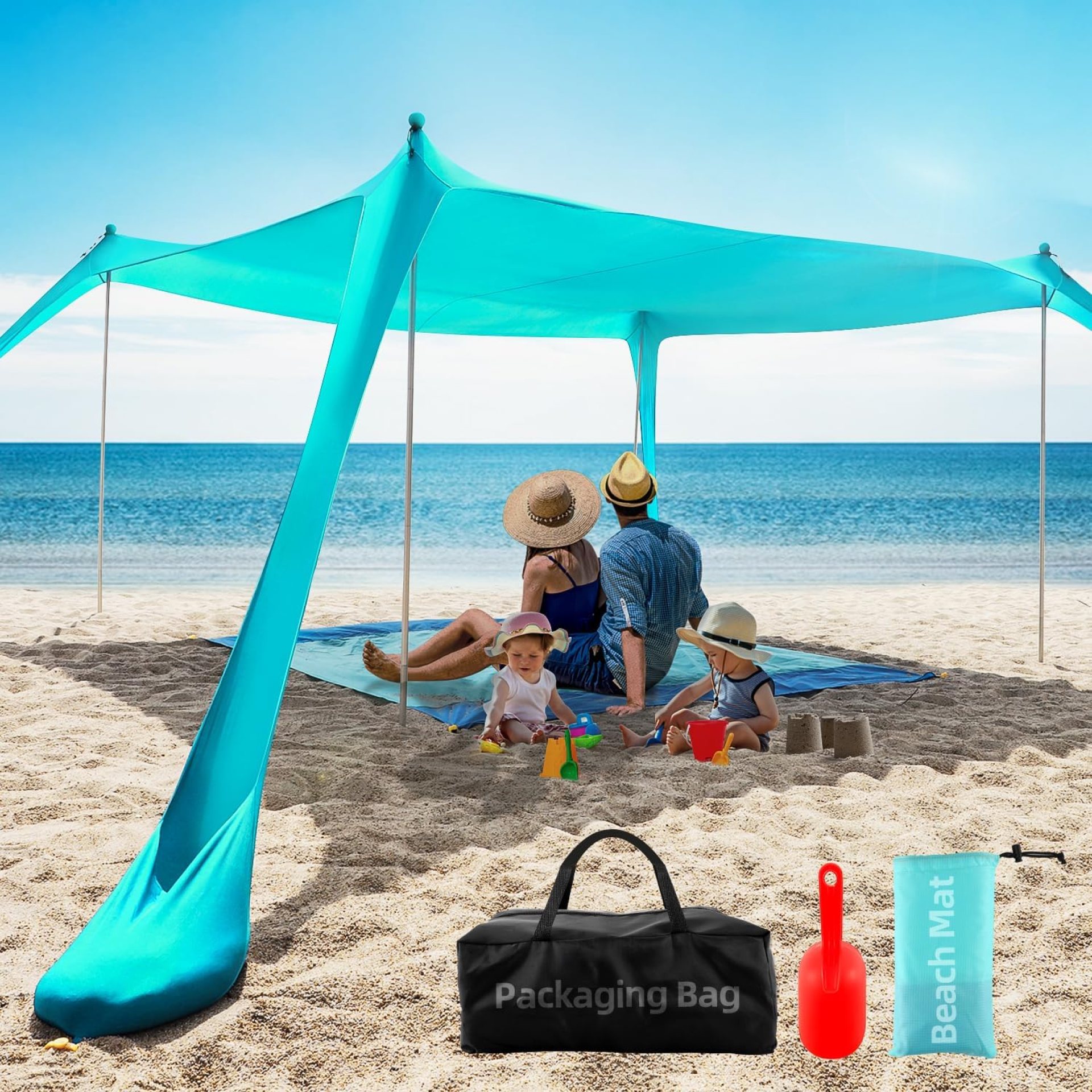 Beach Tent Sun Shelter UPF50+, 10×10 FT Family Beach Shade Canopy with 4 Aluminum Poles, Beach Blanket, Carrying Bag and Sand Shovel, Outdoor Pop Up Tent for Beach Camping Trips Beach Tent Sun Shelter UPF50+, 10×10 FT Family Beach Shade Canopy with 4 Aluminum Poles, Beach Blanket, Carrying Bag and Sand Shovel, Outdoor Pop Up Tent for Beach Camping Trips