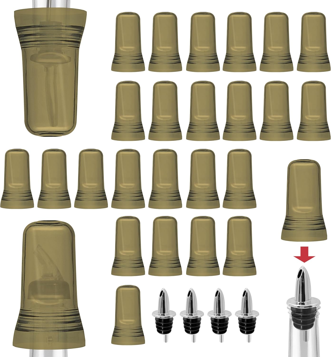 Esatto 24 Pieces Pour Spout Covers Champagne with 4x Liquor pour spouts Universal Bottle Pour Dispenser Liquor Bottle Covers Bottle Cover Dust for Home Kitchen Tools Supplies Esatto 24 Pieces Pour Spout Covers Champagne with 4x Liquor pour spouts Universal Bottle Pour Dispenser Liquor Bottle Covers Bottle Cover Dust for Home Kitchen Tools Supplies
