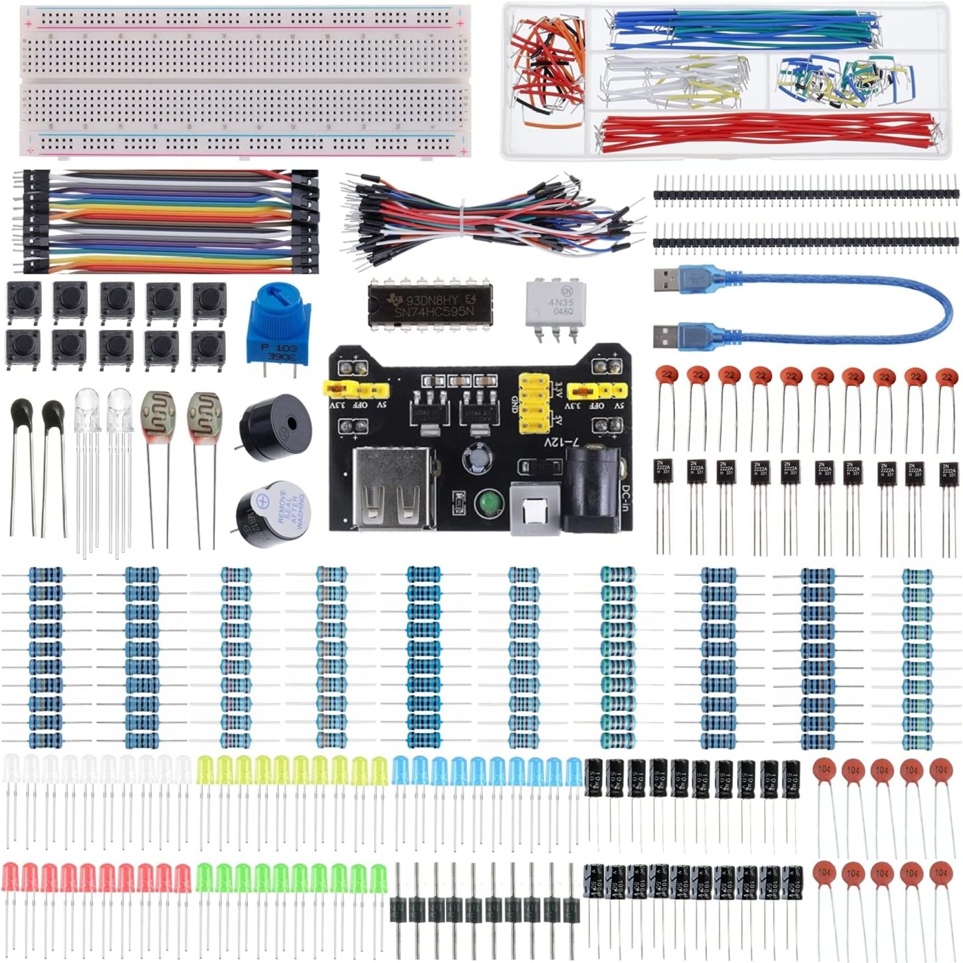 BOJACK 37 Values 480 Pcs Electronics Component Fun Kit with Power Supply Module, Jumper Wire,Precision Potentiometer,830 tie-Points Breadboard Compatible with STM32,Raspberry Pi,Arduino BOJACK 37 Values 480 Pcs Electronics Component Fun Kit with Power Supply Module, Jumper Wire,Precision Potentiometer,830 tie-Points Breadboard Compatible with STM32,Raspberry Pi,Arduino