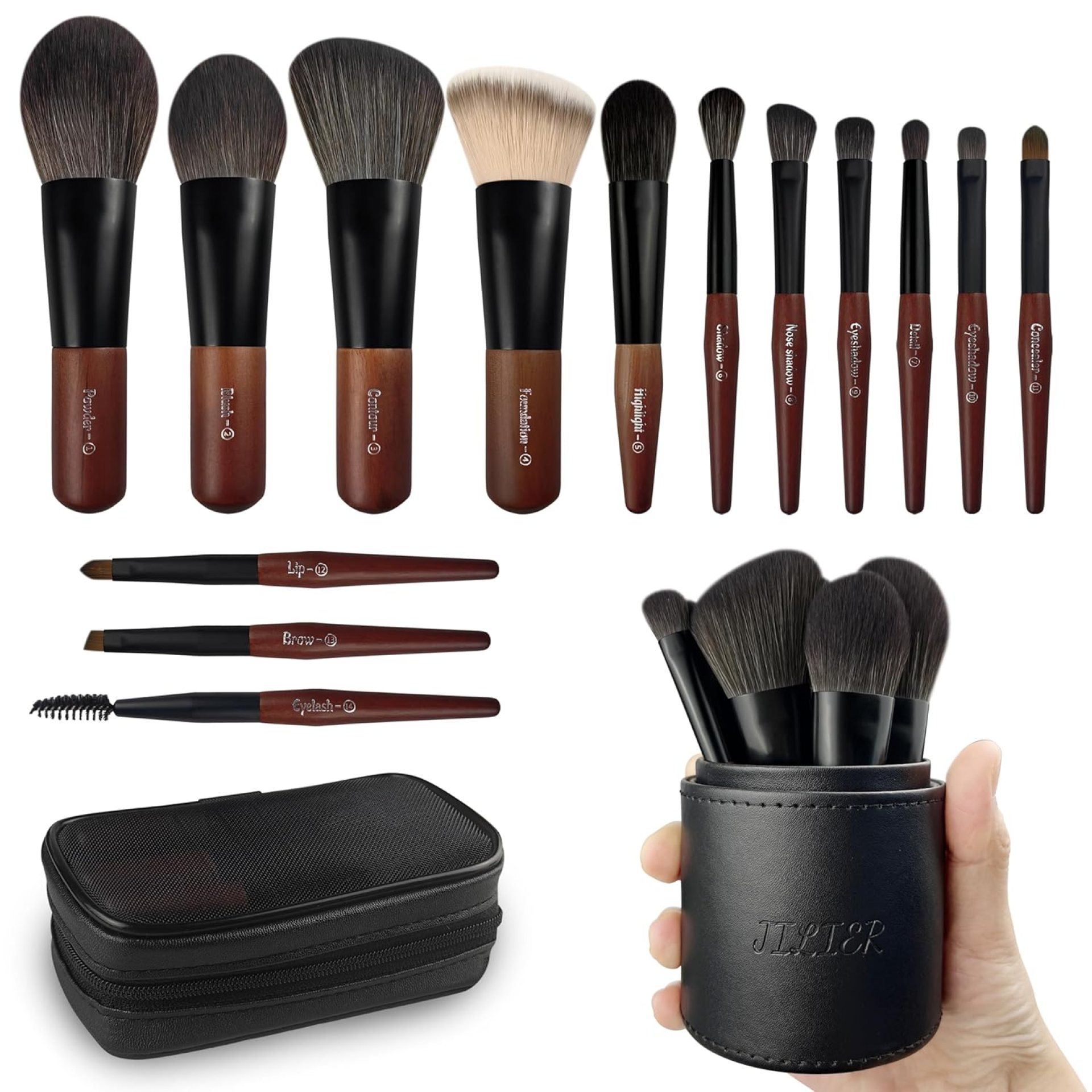 Jilier Travel Makeup Brush Set, 14 pcs Mini Makeup Brushes for Foundation, Powder, Eyeshadow, Highlight, Contour, Blush & Concealer, Small Makeup Brush Set Purse Size with Case Jilier Travel Makeup Brush Set, 14 pcs Mini Makeup Brushes for Foundation, Powder, Eyeshadow, Highlight, Contour, Blush & Concealer, Small Makeup Brush Set Purse Size with Case