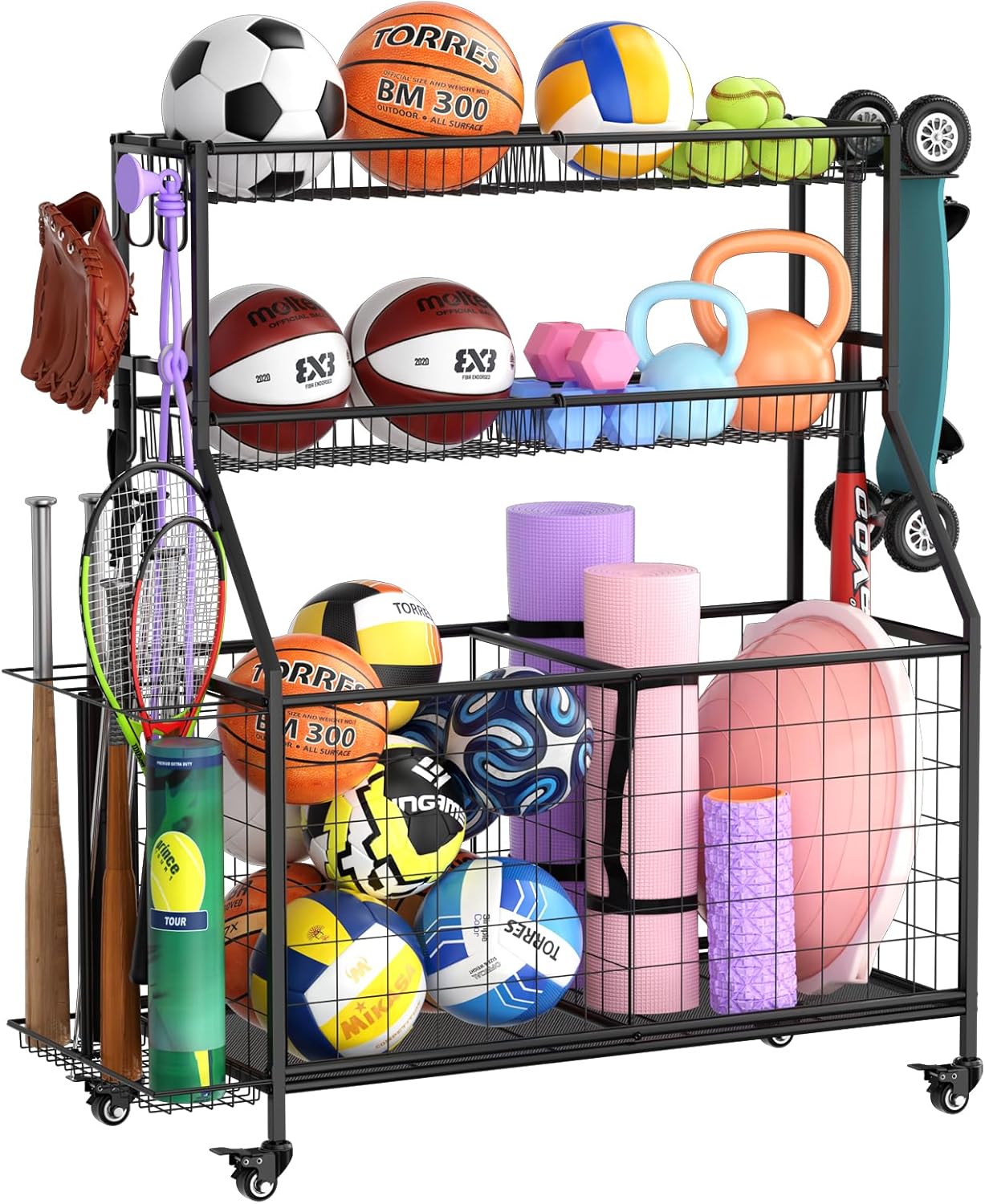 WUC Sports Equipment Organizer – Garage Ball Storage Rack with Basket, Hooks and Rolling Cart for Toy Sports Gear Storage, Black WUC Sports Equipment Organizer – Garage Ball Storage Rack with Basket, Hooks and Rolling Cart for Toy Sports Gear Storage, Black
