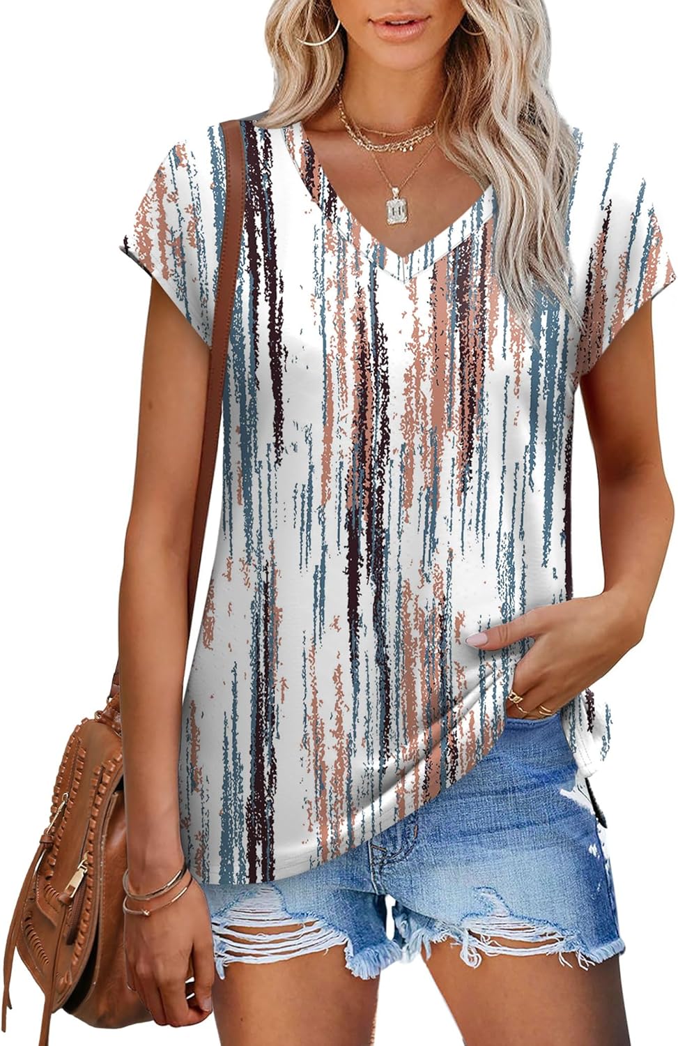 XIEERDUO Womens Tops V Neck Cap Sleeve Loose Fit Tee Shirts Summer Spring 2025 Eyelet/Printed XIEERDUO Womens Tops V Neck Cap Sleeve Loose Fit Tee Shirts Summer Spring 2025 Eyelet/Printed