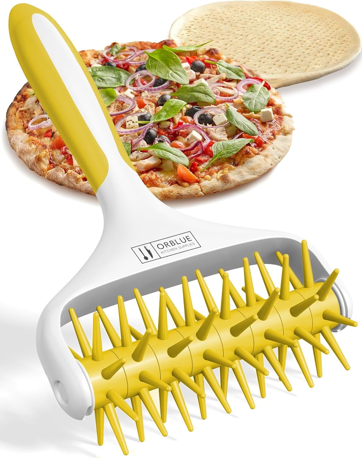 Orblue Pizza Dough Docker, Pastry Roller with Spikes, Pizza Docking Tool for Home & Commercial Kitchen – Pizza Making Accessories that Prevent Dough from Blistering, Yellow Orblue Pizza Dough Docker, Pastry Roller with Spikes, Pizza Docking Tool for Home & Commercial Kitchen – Pizza Making Accessories that Prevent Dough from Blistering, Yellow