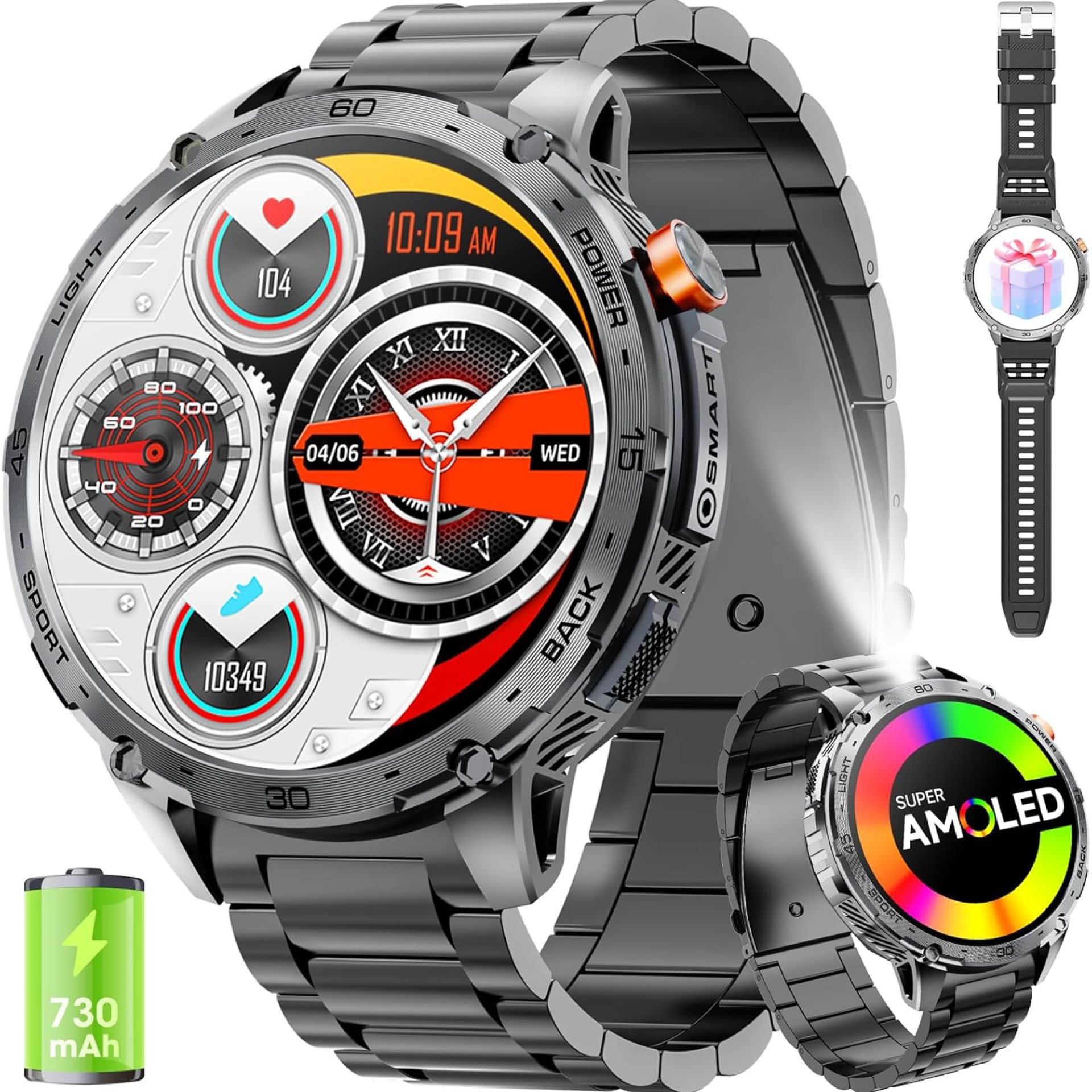Military Smart Watch for Men 1.75″ HD AMOLED Display 730mAh Battery Smart Watches with LED Flashlight for Android iOS(Bluetooth Call Answer/Dial Calls) Fitness Tracker Black Steel Strip Military Smart Watch for Men 1.75″ HD AMOLED Display 730mAh Battery Smart Watches with LED Flashlight for Android iOS(Bluetooth Call Answer/Dial Calls) Fitness Tracker Black Steel Strip