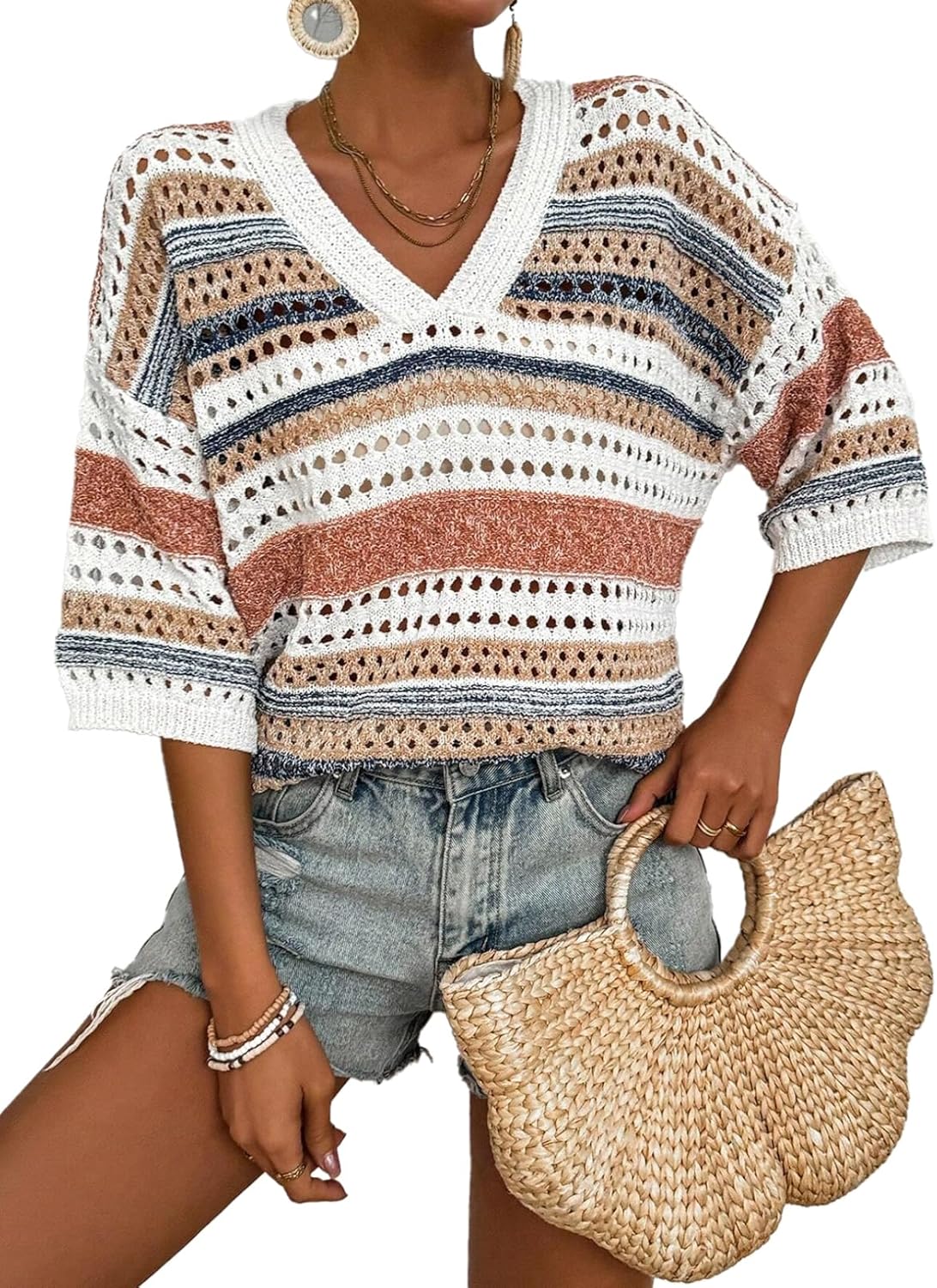 Acelitt Womens Short Sleeve Crochet Knit Sweater Hollow Out Striped Tops Beach Vacation Cruise Outfits Acelitt Womens Short Sleeve Crochet Knit Sweater Hollow Out Striped Tops Beach Vacation Cruise Outfits