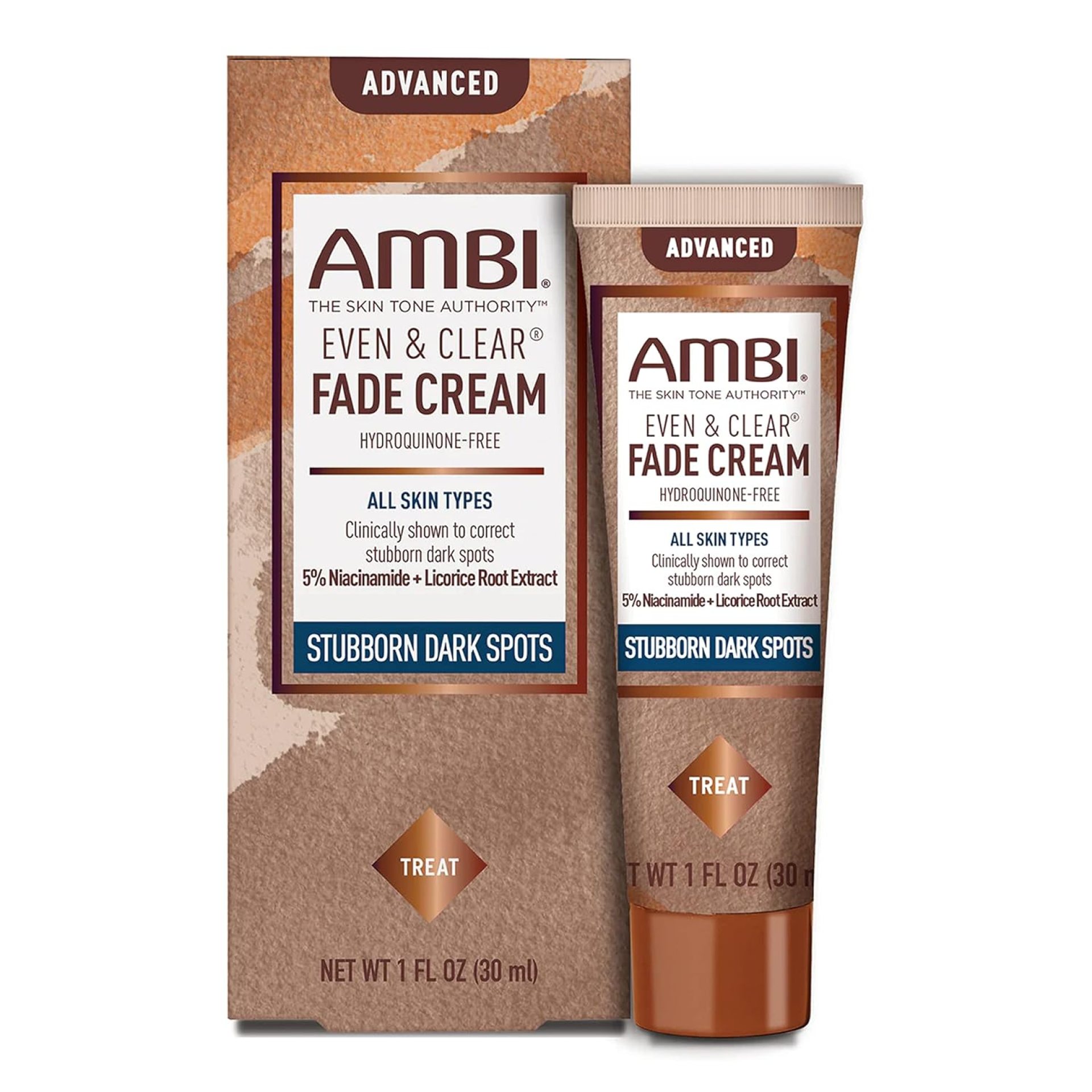 Ambi Even & Clear Advanced Fade Cream, Hydroquinone-free, Hyperpigmentation Treatment, Stubborn Dark Spot Corrector, Results In As Little As 2-3 Weeks, Niacinamide, Licorice Root Extract, PHA, 1 Fl Oz Ambi Even & Clear Advanced Fade Cream, Hydroquinone-free, Hyperpigmentation Treatment, Stubborn Dark Spot Corrector, Results In As Little As 2-3 Weeks, Niacinamide, Licorice Root Extract, PHA, 1 Fl Oz