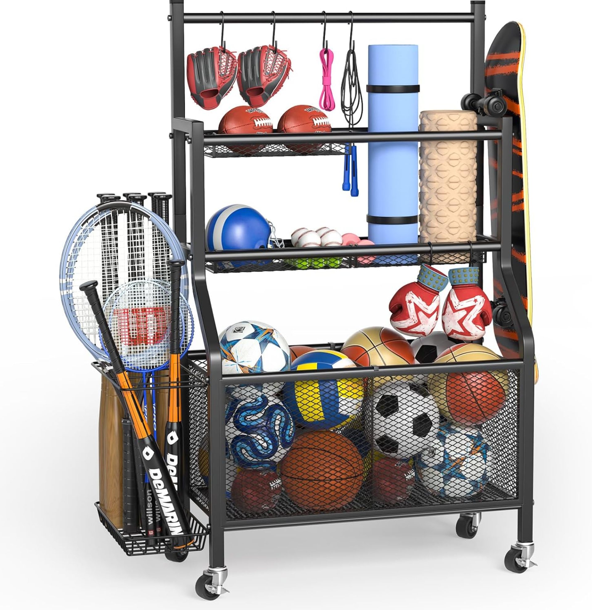 Garage Sports Equipment Organizer – Ball Storage Rack Heavy Duty Steel Ball Storage with 360 Rotaing Casters, Sports Organizer for Garage, Ball Rack for Basketball, Indoors and Outdoors Garage Sports Equipment Organizer – Ball Storage Rack Heavy Duty Steel Ball Storage with 360 Rotaing Casters, Sports Organizer for Garage, Ball Rack for Basketball, Indoors and Outdoors