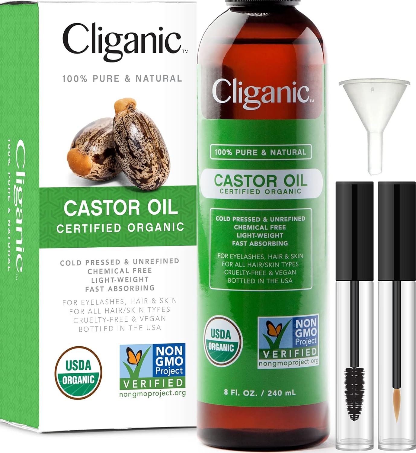 Cliganic USDA Organic Castor Oil, 100% Pure (8oz with Eyelash Kit) – For Eyelashes, Eyebrows, Hair & Skin | Natural Cold Pressed Unrefined Hexane-Free Cliganic USDA Organic Castor Oil, 100% Pure (8oz with Eyelash Kit) – For Eyelashes, Eyebrows, Hair & Skin | Natural Cold Pressed Unrefined Hexane-Free