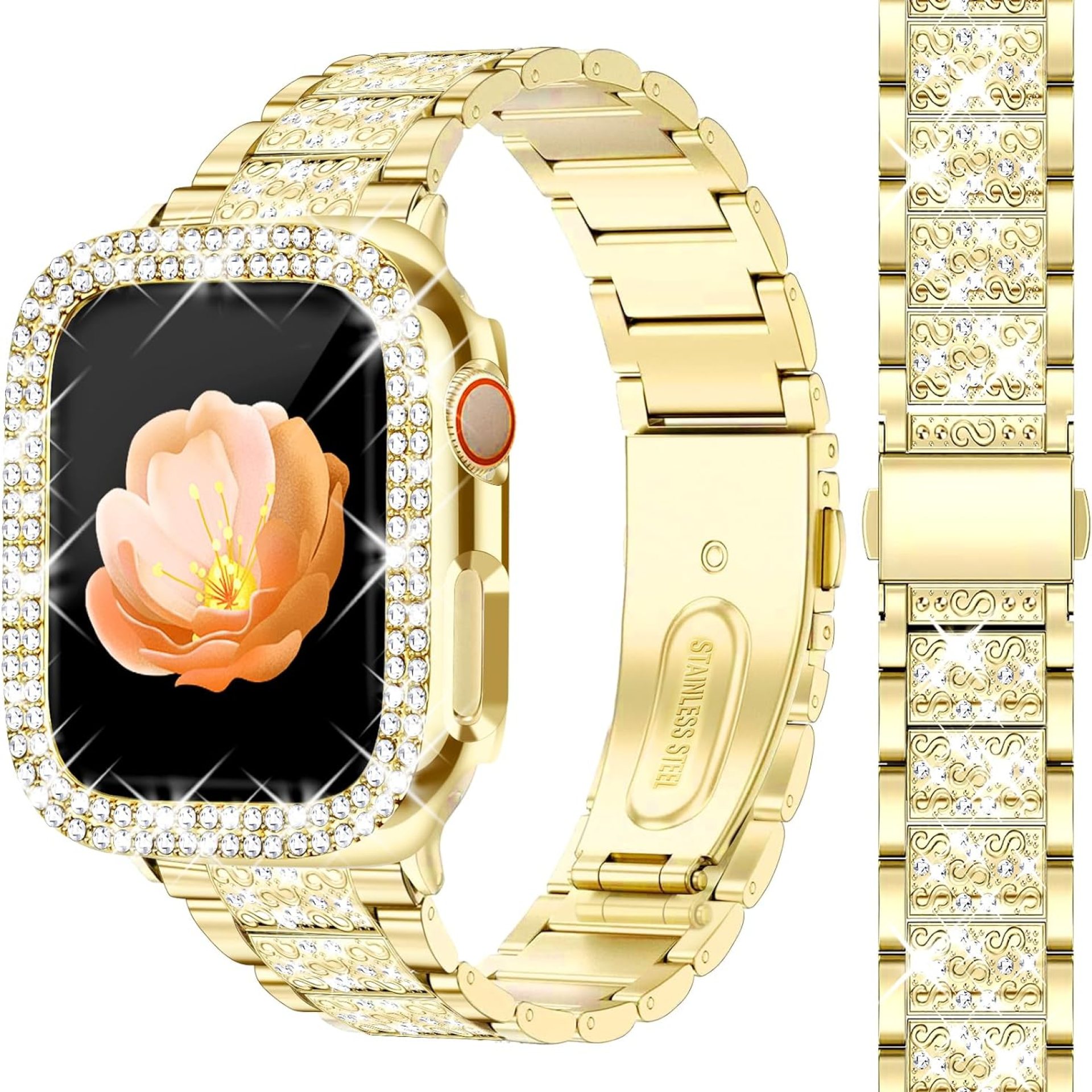 Bling Watch Bands with Bling Case for Women Compatible with Apple Watch Band 45mm Elegant Dressy Jewelry Replacement Metal Link Wristband Protector Cover for iWatch Series 9/8/7 Gold Bling Watch Bands with Bling Case for Women Compatible with Apple Watch Band 45mm Elegant Dressy Jewelry Replacement Metal Link Wristband Protector Cover for iWatch Series 9/8/7 Gold