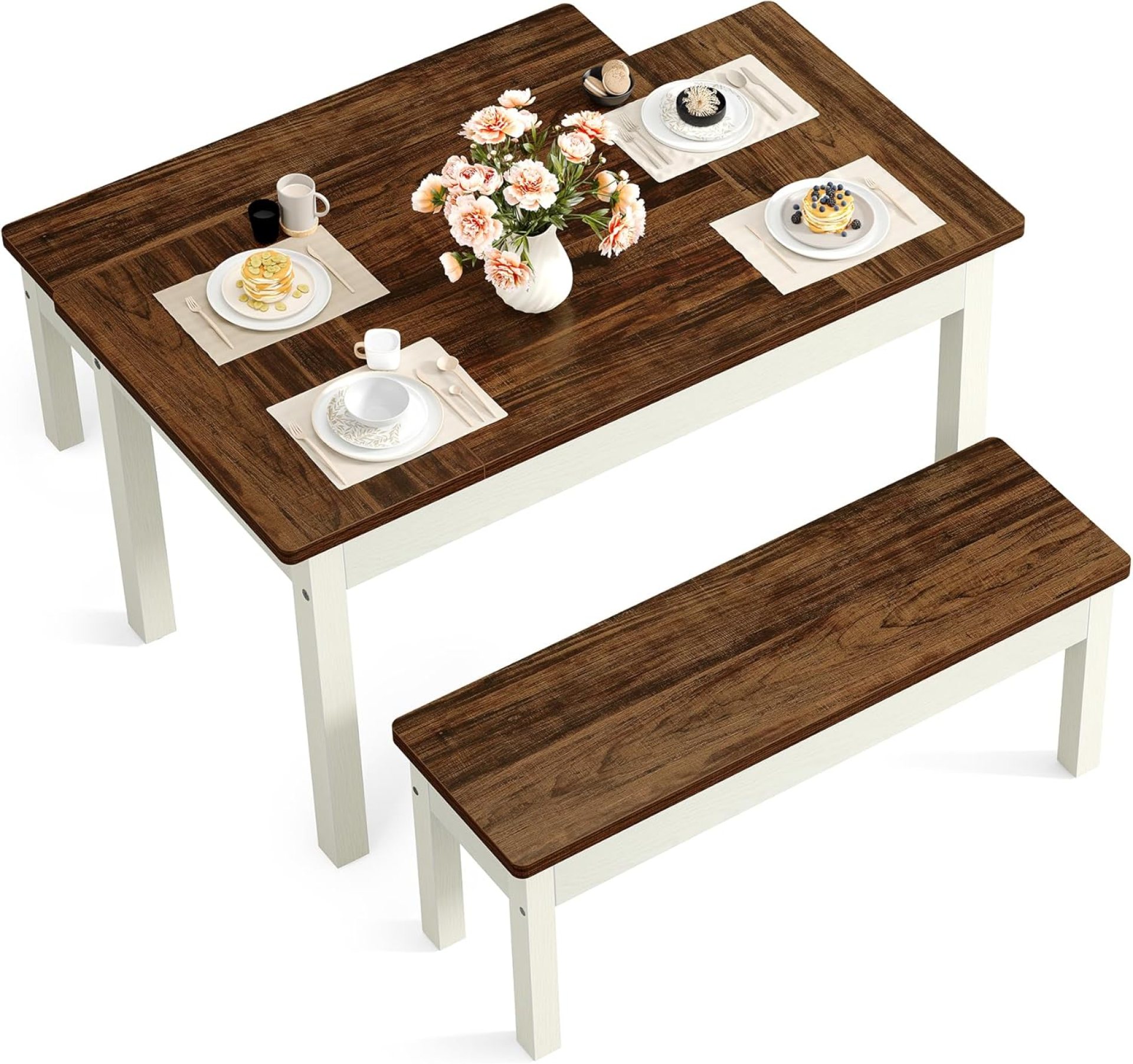 LITTLE TREE Dining Table Set for 4, Small Space Saving Farmhouse Kitchen Chairs, Compact 3-Piece Kitchen and Dining Room Furniture with 2 Wood Benches LITTLE TREE Dining Table Set for 4, Small Space Saving Farmhouse Kitchen Chairs, Compact 3-Piece Kitchen and Dining Room Furniture with 2 Wood Benches
