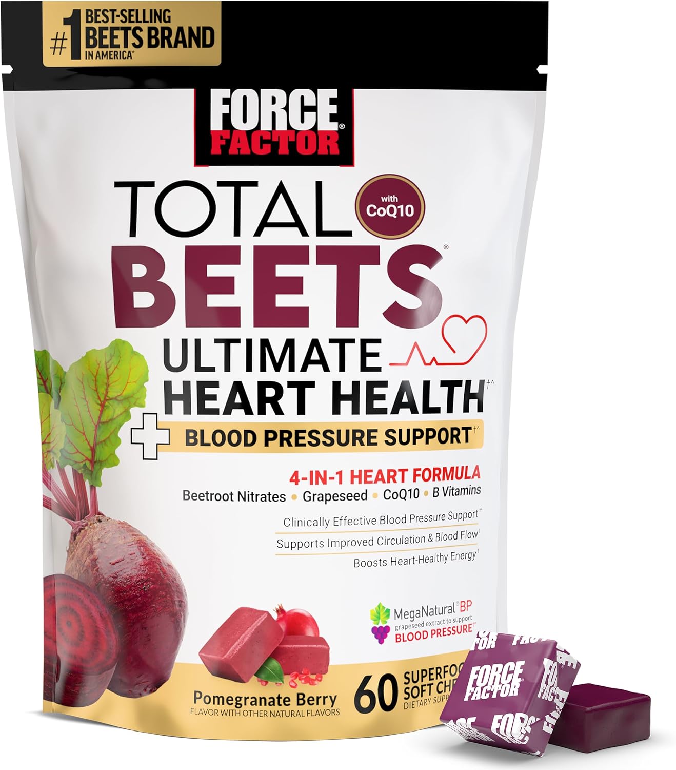 FORCE FACTOR Total Beets Ultimate Heart Health Blood Pressure Support Chews with CoQ10, Beet Root Powder, Grape Seed Extract, Blood Pressure Supplement for Circulation & Blood Flow, 60 Soft Chews FORCE FACTOR Total Beets Ultimate Heart Health Blood Pressure Support Chews with CoQ10, Beet Root Powder, Grape Seed Extract, Blood Pressure Supplement for Circulation & Blood Flow, 60 Soft Chews