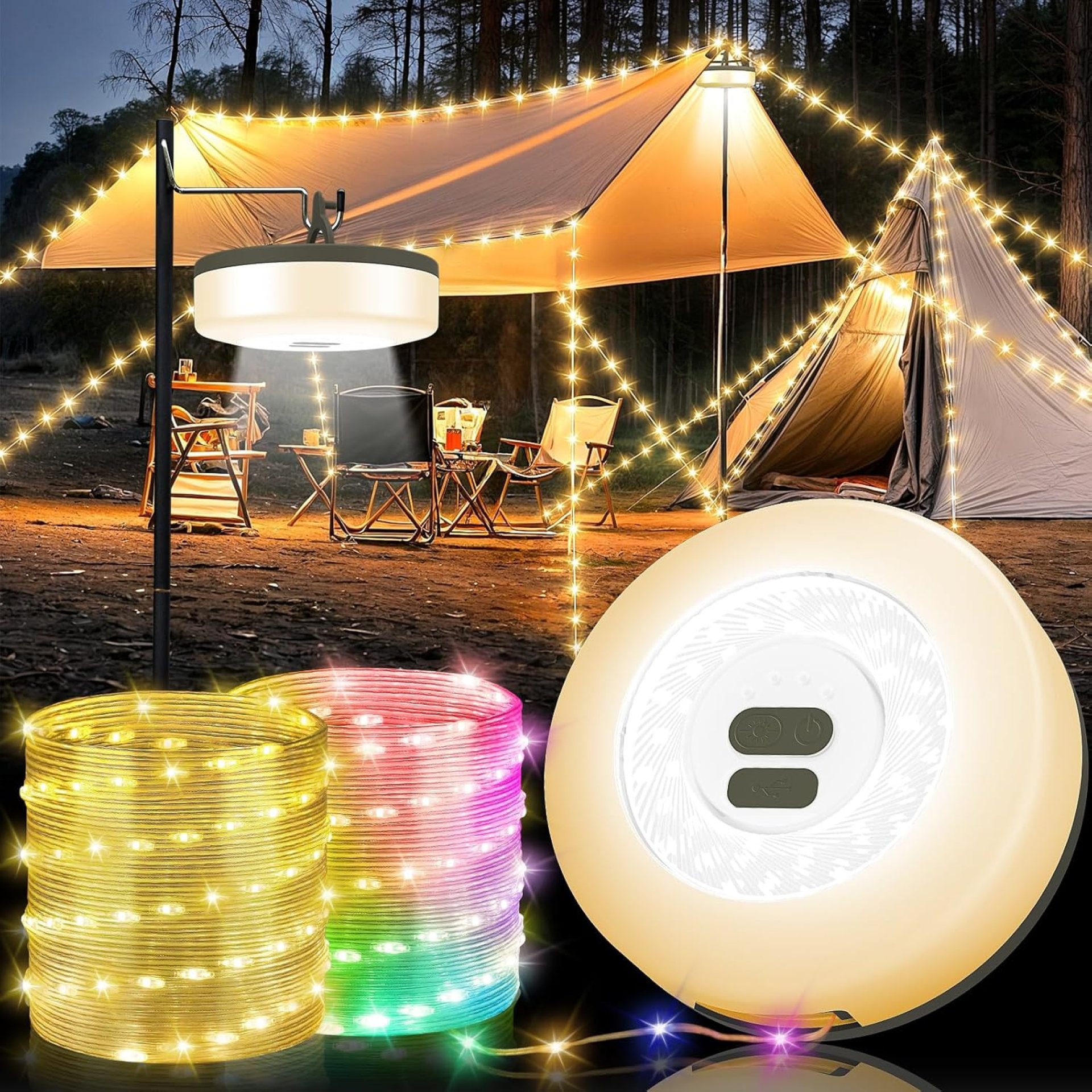 Camping String Lights, 4 in 1 Quick Storage Camping Essentials Gear 32.8FT Rechargeable Tent Lights with 9 Modes Hanging Waterproof LED Camp Lamp for Camping Hiking Patio Garden Festival -Warm +RGB Camping String Lights, 4 in 1 Quick Storage Camping Essentials Gear 32.8FT Rechargeable Tent Lights with 9 Modes Hanging Waterproof LED Camp Lamp for Camping Hiking Patio Garden Festival -Warm +RGB