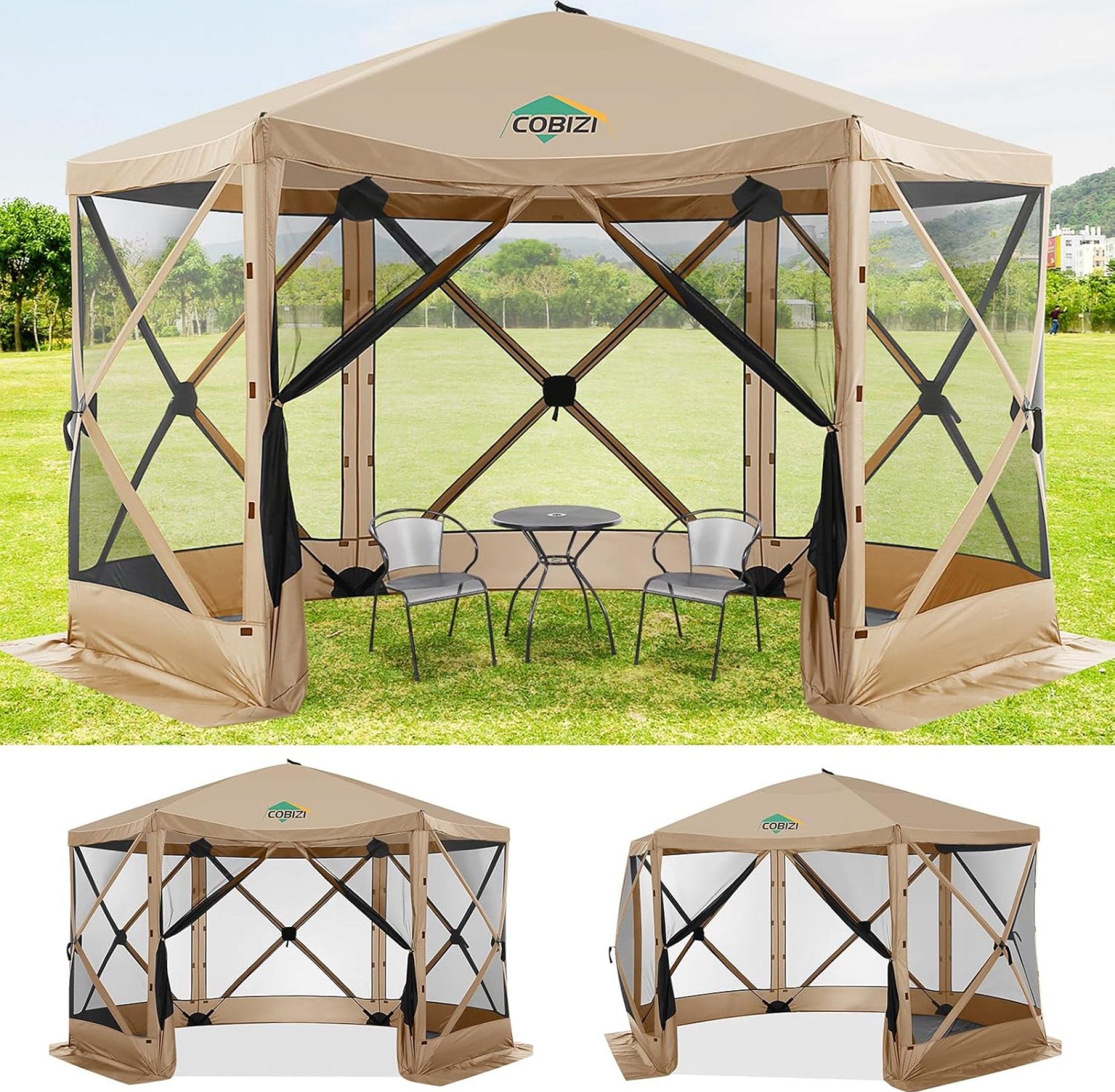 COBIZI 12x12ft Pop up Gazebo Screen House Tent with Mosquito Netting, 6 Sided Pop-up Canopy Shelter Tent Easy-Set Portable Gazebo with Carry Bag for Outdoor Camping, Lawn and Backyard, Khaki COBIZI 12x12ft Pop up Gazebo Screen House Tent with Mosquito Netting, 6 Sided Pop-up Canopy Shelter Tent Easy-Set Portable Gazebo with Carry Bag for Outdoor Camping, Lawn and Backyard, Khaki