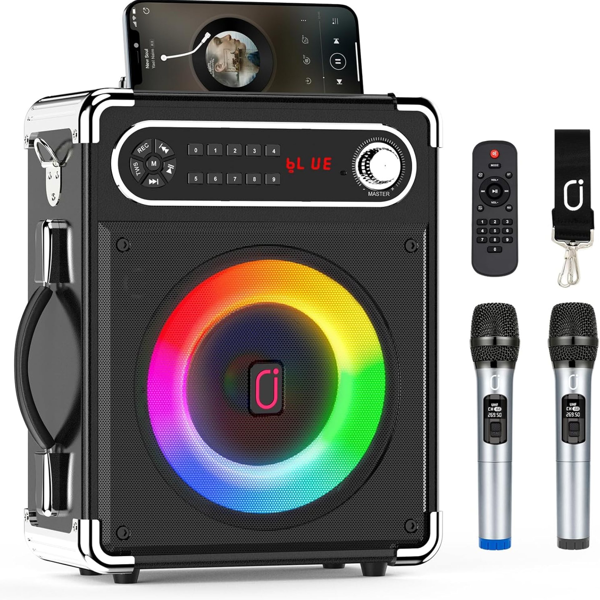 Bluetooth Speaker with Two Wireless Microphones, Outdoor Speaker with Subwoofer/Tweeter, Portable PA Speaker System with Remote Control, Discol Lights, FM, REC for Home, Party Bluetooth Speaker with Two Wireless Microphones, Outdoor Speaker with Subwoofer/Tweeter, Portable PA Speaker System with Remote Control, Discol Lights, FM, REC for Home, Party