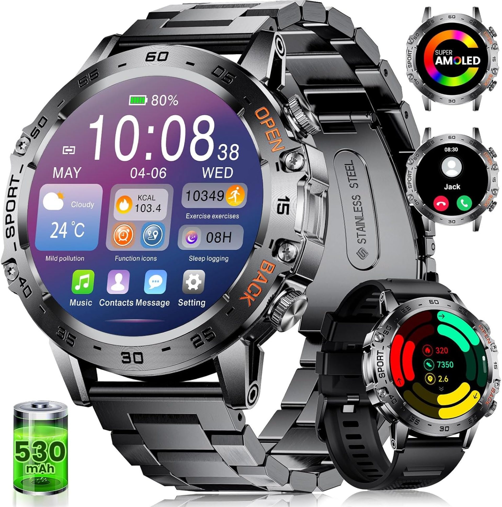 Military Smart Watch for Men(Answer/Dial Calls),1.45” AMOLED/100 Sports Modes, 5ATM Waterproof Fitness Watch with Heart Rate/SpO2/Sleep Tracker for Android and iOS,530MAH Smartwatch Black Steel Military Smart Watch for Men(Answer/Dial Calls),1.45” AMOLED/100 Sports Modes, 5ATM Waterproof Fitness Watch with Heart Rate/SpO2/Sleep Tracker for Android and iOS,530MAH Smartwatch Black Steel
