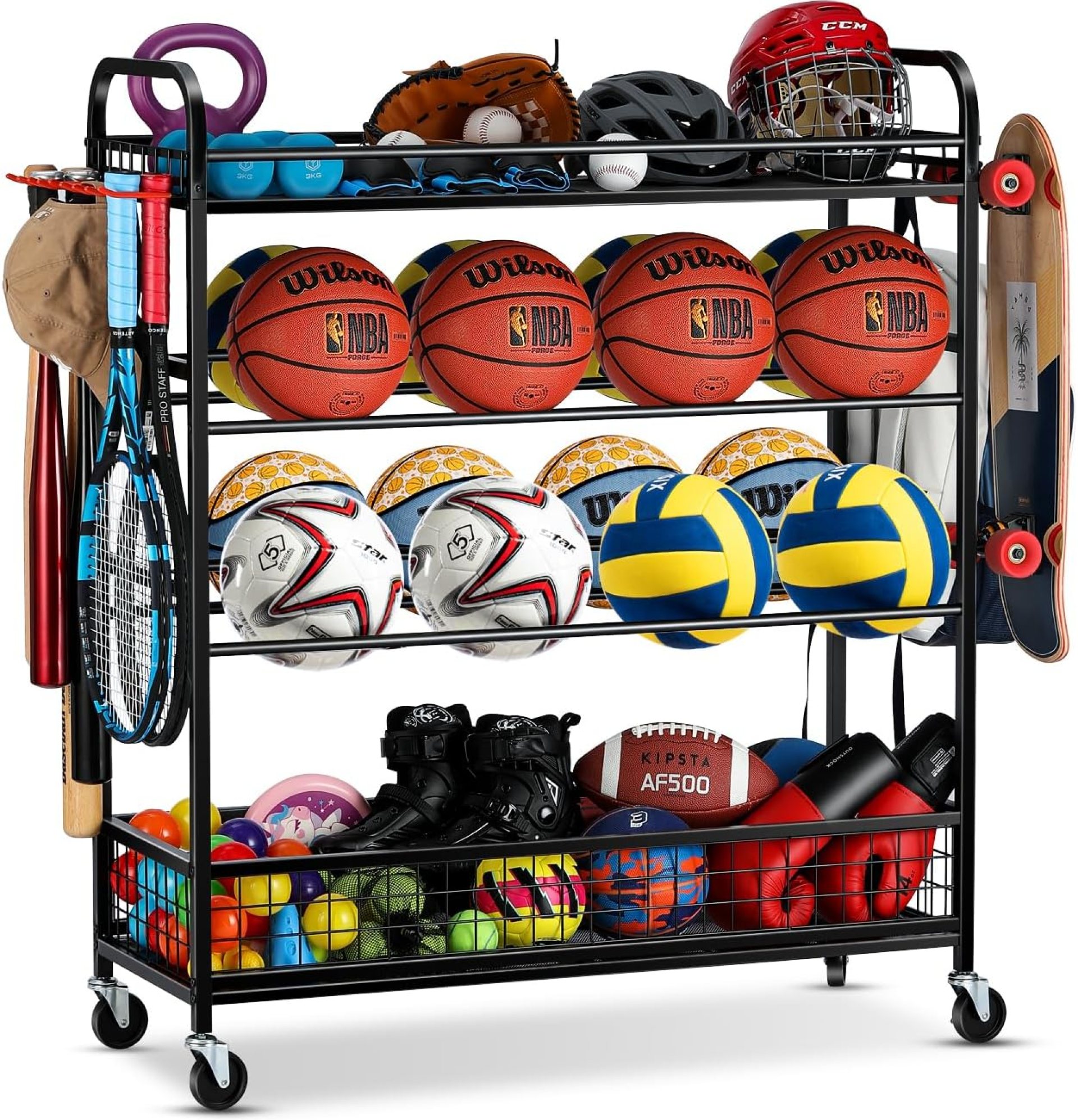 Garage Sports Equipment Organizer – Rolling Ball Storage Bin with Wheels, Garage Sports Gear Rack Outdoor Basketball Racks for Balls with Baseball Bat Holder and Hooks, Toy Organizer Garage Sports Equipment Organizer – Rolling Ball Storage Bin with Wheels, Garage Sports Gear Rack Outdoor Basketball Racks for Balls with Baseball Bat Holder and Hooks, Toy Organizer
