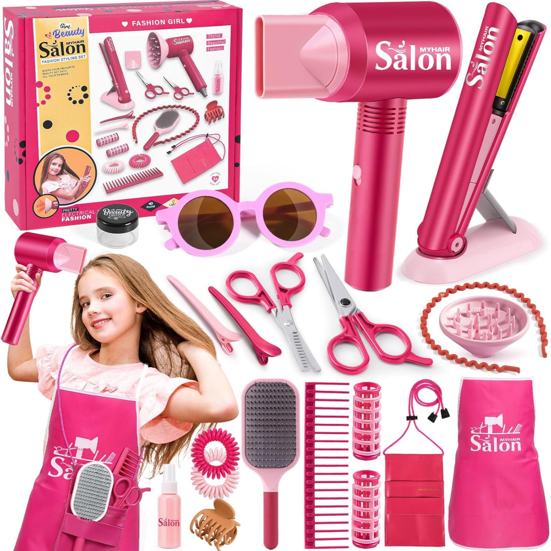 G.C Girls Hair Salon Toys Kids Pretend Play Hair Styling Kit with Realistic Blow Dryer Straightener Stylist Apron Scissors Accessories Beauty Makeup Set Birthday Gifts for Toddler Girls 3 4 5 6+ G.C Girls Hair Salon Toys Kids Pretend Play Hair Styling Kit with Realistic Blow Dryer Straightener Stylist Apron Scissors Accessories Beauty Makeup Set Birthday Gifts for Toddler Girls 3 4 5 6+