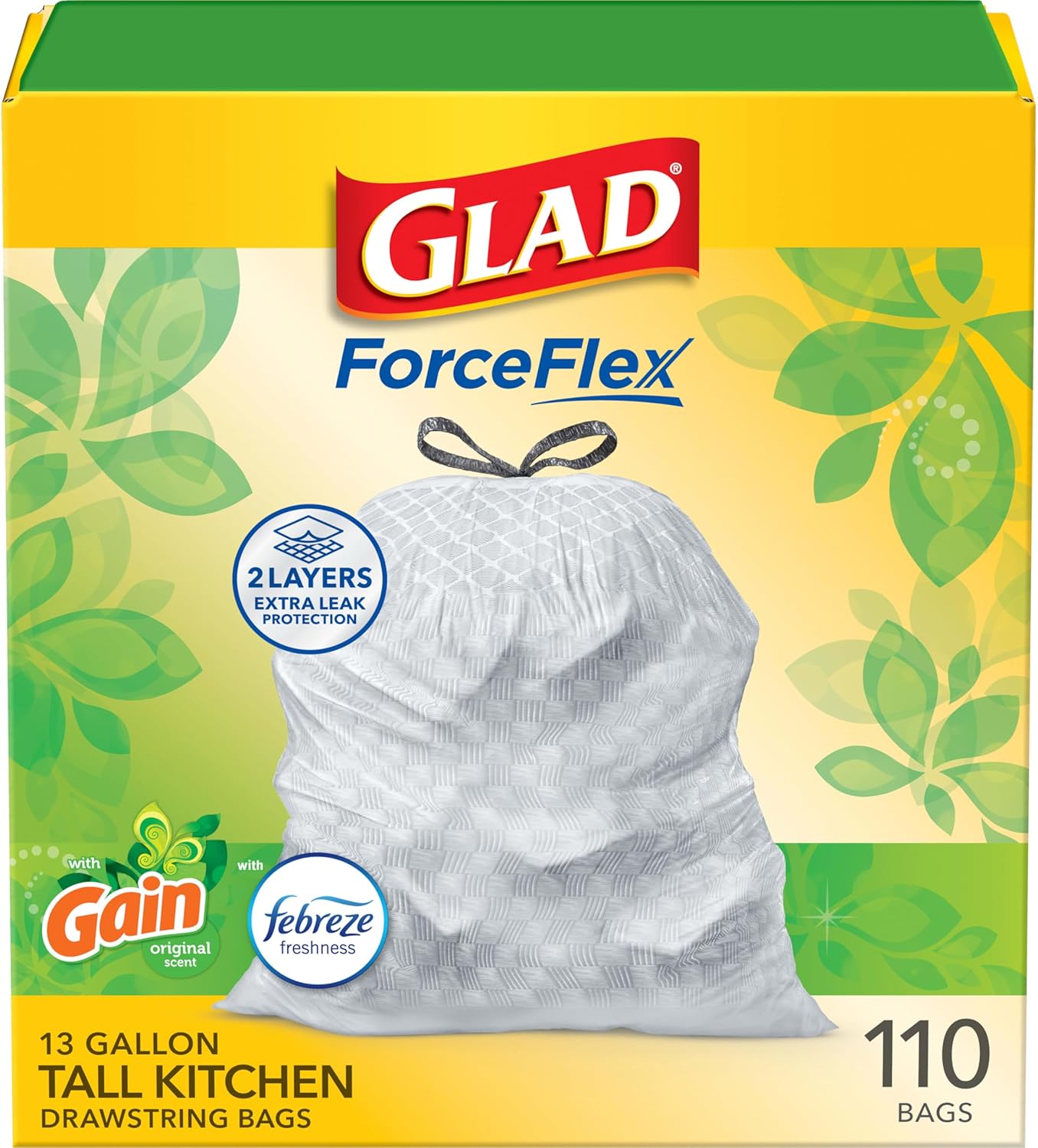Glad ForceFlex Tall Kitchen Trash Bags, 13 Gal, Gain Original with Febreze, 110 Ct (Pack May Vary) Glad ForceFlex Tall Kitchen Trash Bags, 13 Gal, Gain Original with Febreze, 110 Ct (Pack May Vary)