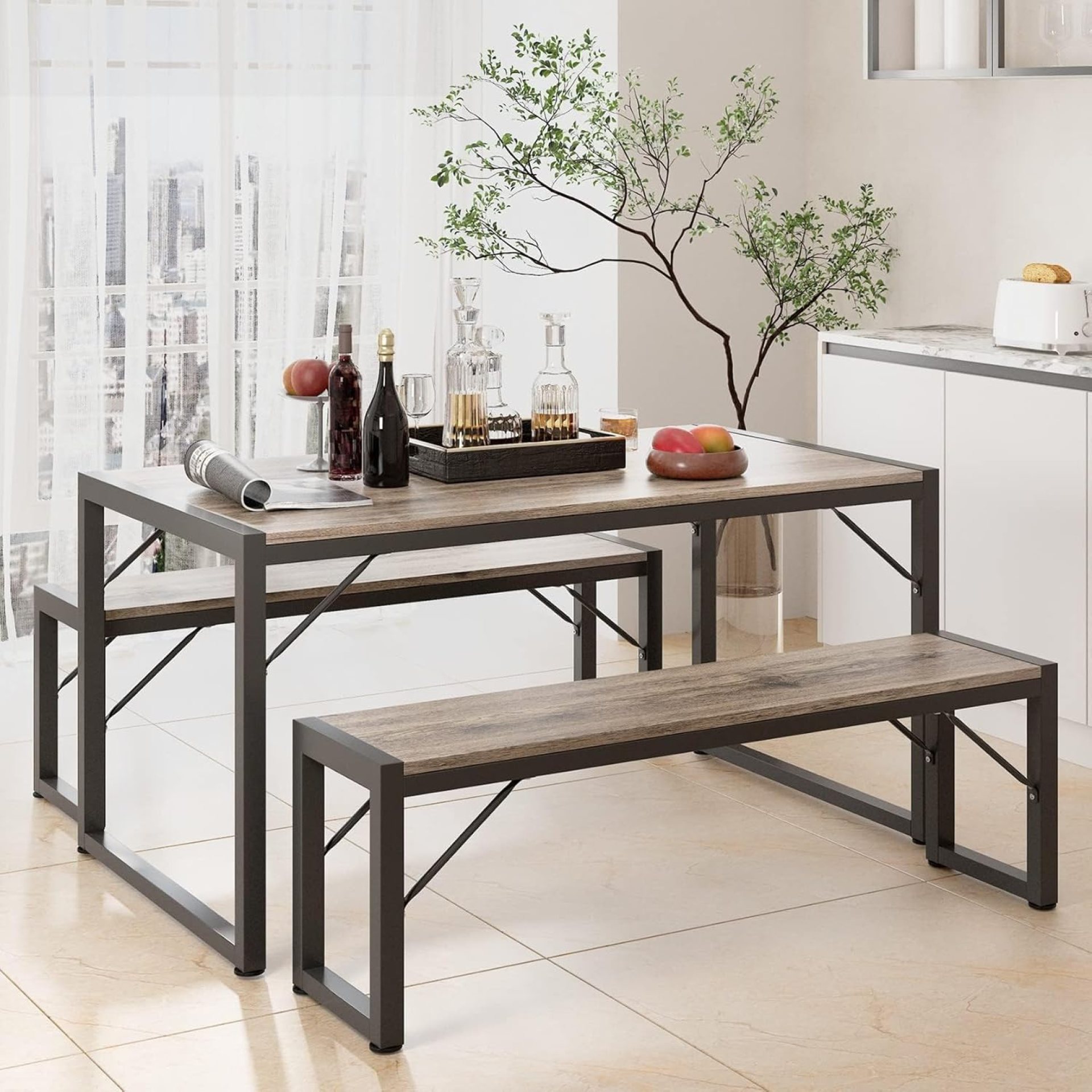 Gizoon 45.5″ Dining Table Set for 4, Kitchen Table Set with 2 Benches, Dining Room Table Set with Metal Frame & MDF Board, Space-Saving Dinette for Kitchen, Dining Room -Grey Gizoon 45.5″ Dining Table Set for 4, Kitchen Table Set with 2 Benches, Dining Room Table Set with Metal Frame & MDF Board, Space-Saving Dinette for Kitchen, Dining Room -Grey